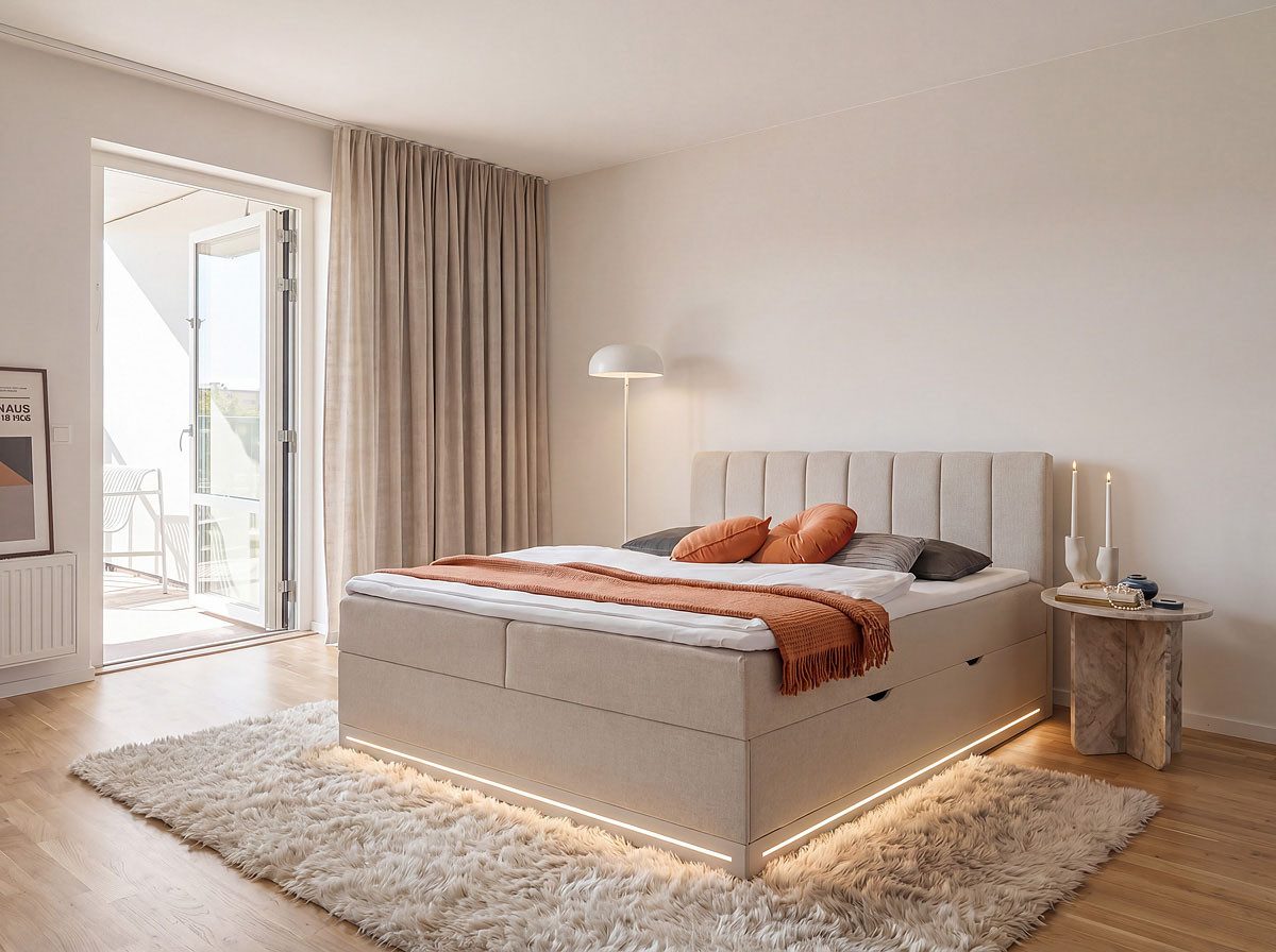 Home affaire Boxbett WAKKANAI, Polsterbett mit Bettkasten, inkl. Taschfederkernmatratze H3, mit PUR-Schaum-Topper, mit LED-Lichtleiste, …