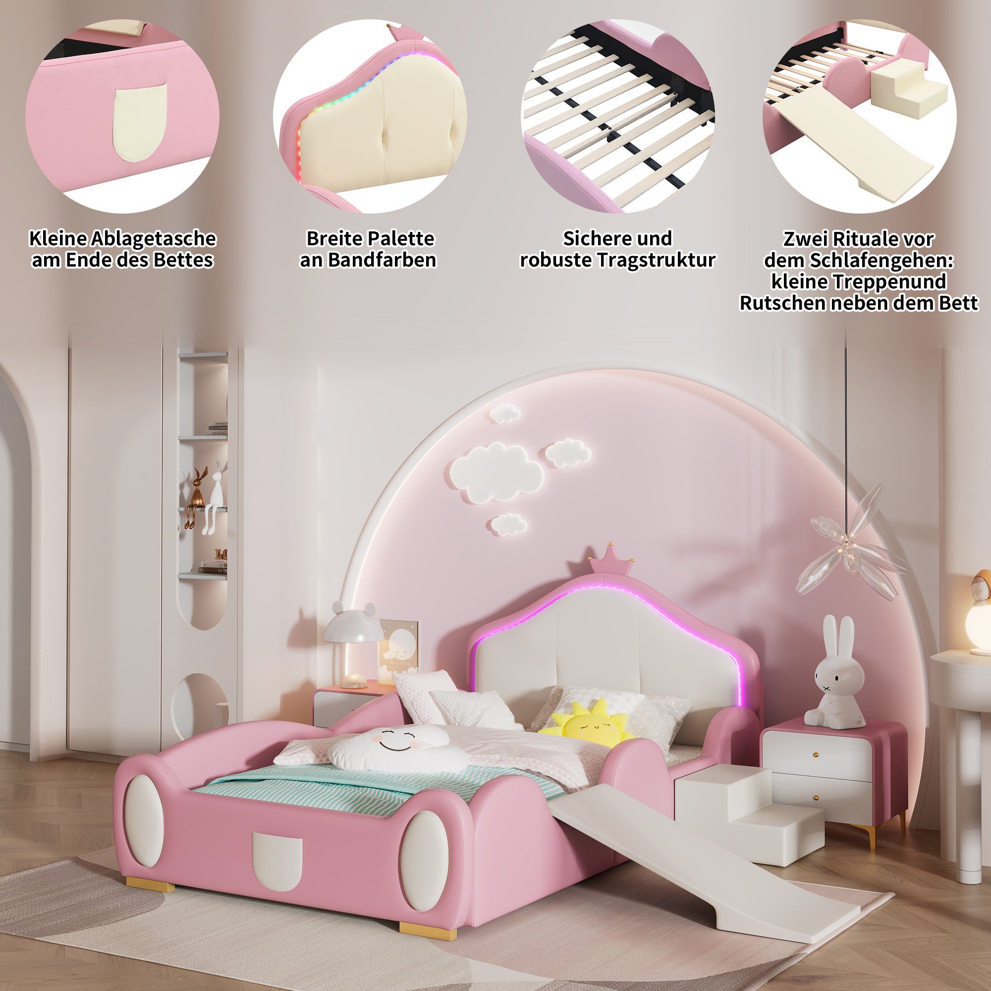 REDOM Kinderbett Polsterbett Bett (mit mehrfarbigem Multi-Mode-LED-Streifen, mit schützenden weichen Kanten, mit Holzlatten, mit kleiner Rutsche und Treppe), Ohne Matratze