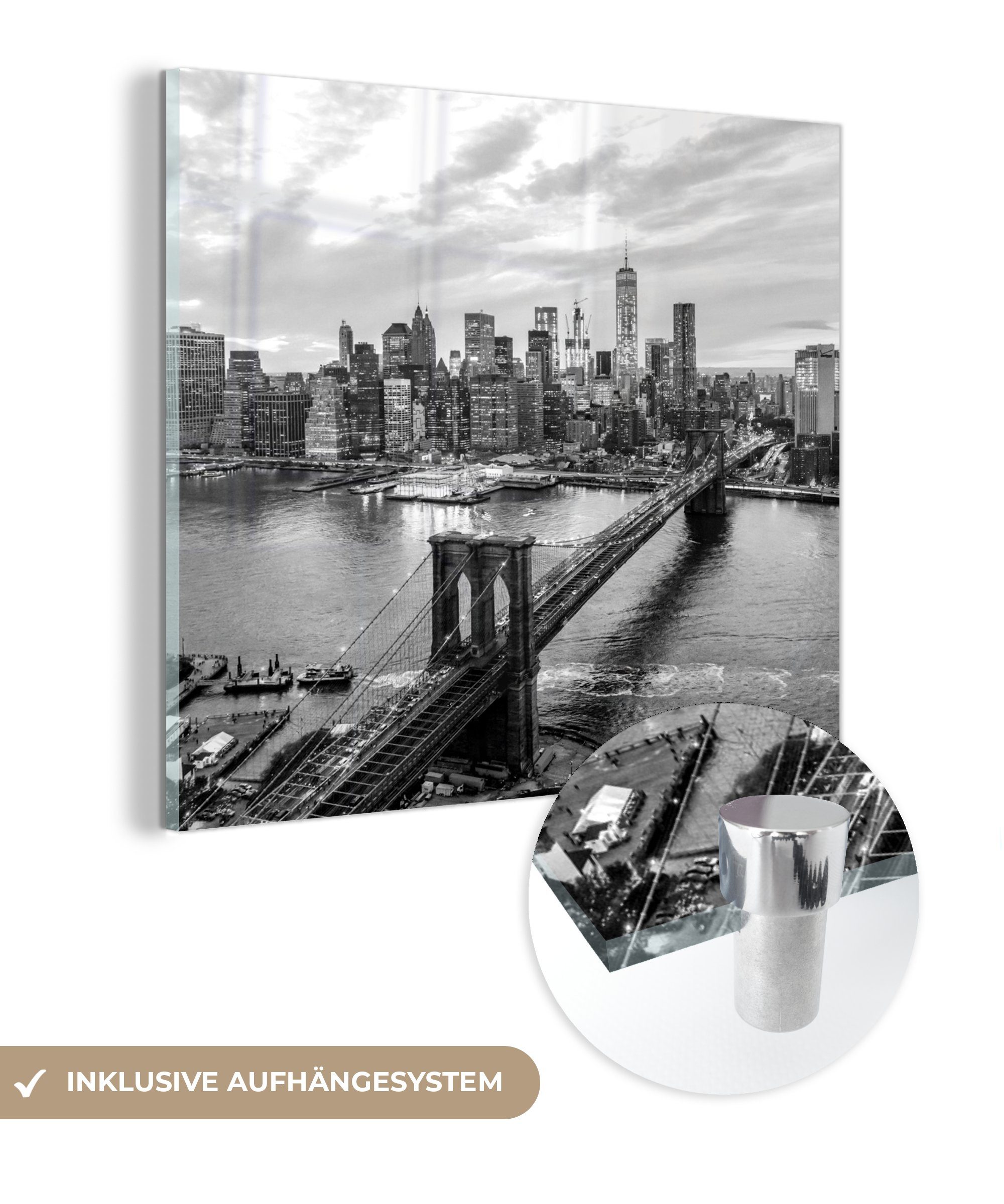 MuchoWow Acrylglasbild Luftaufnahme des Hudson in New York - schwarz-weiß, (1 St), Glasbilder - Bilder auf Glas Wandbild - Foto auf Glas - Wanddekoration