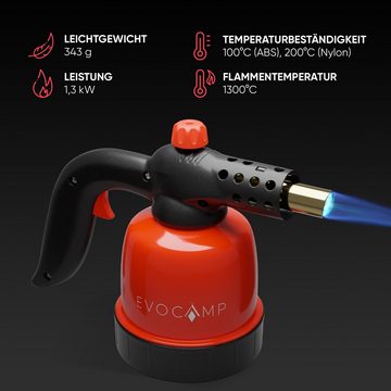 EVOCAMP Flambierbrenner Gasbrenner 1,3 kW, Küchenbrenner, Lötlampe mit Piezozündung, Max. Temperatur 1300°C, kompatibel mit Gaskartuschen 190g