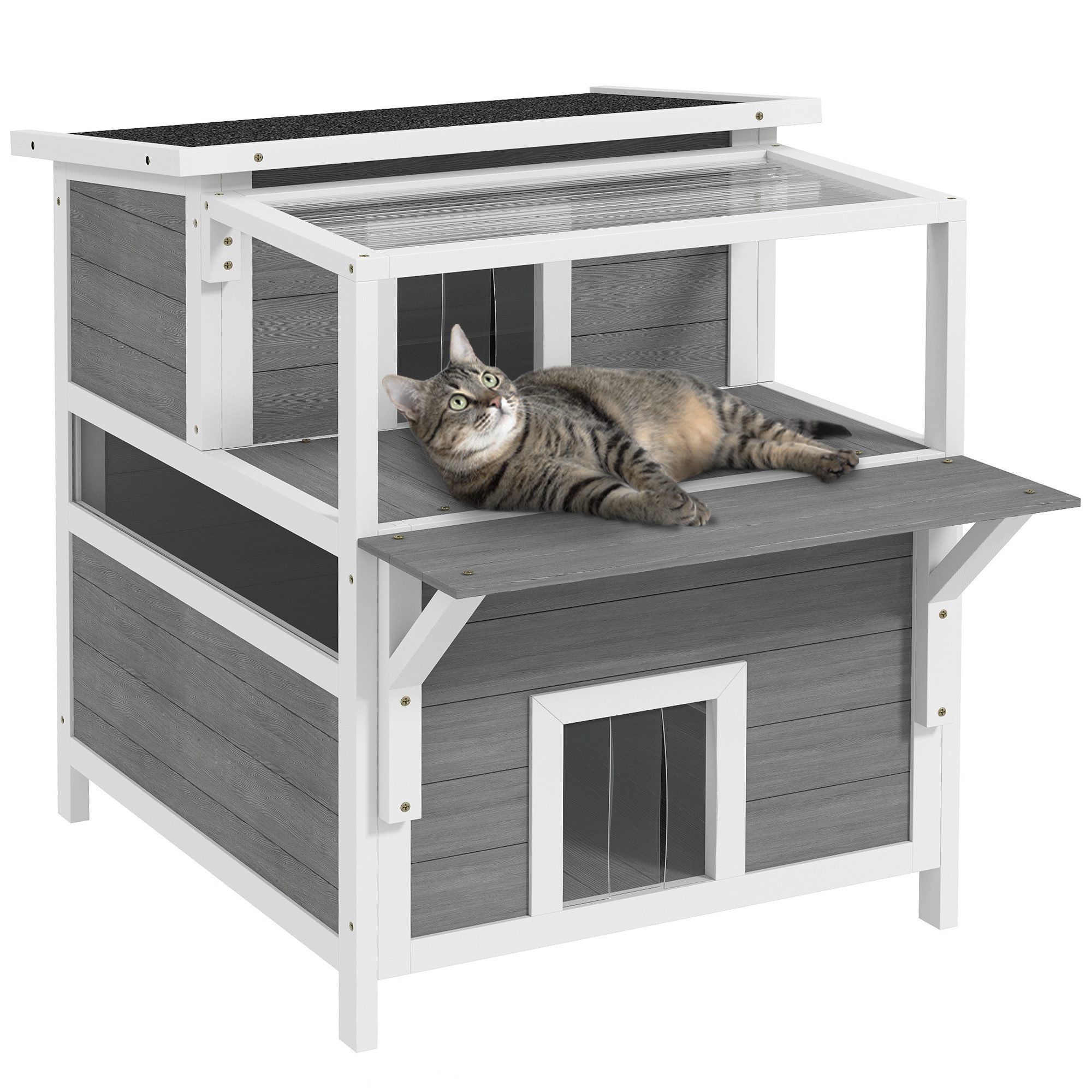 PawHut Tierhöhle aus Tannenholz, mit Balkon, Eingängen, für Katzen bis 5 kg, Outdoor, 64 x 87 x 76 cm, Hellgrau