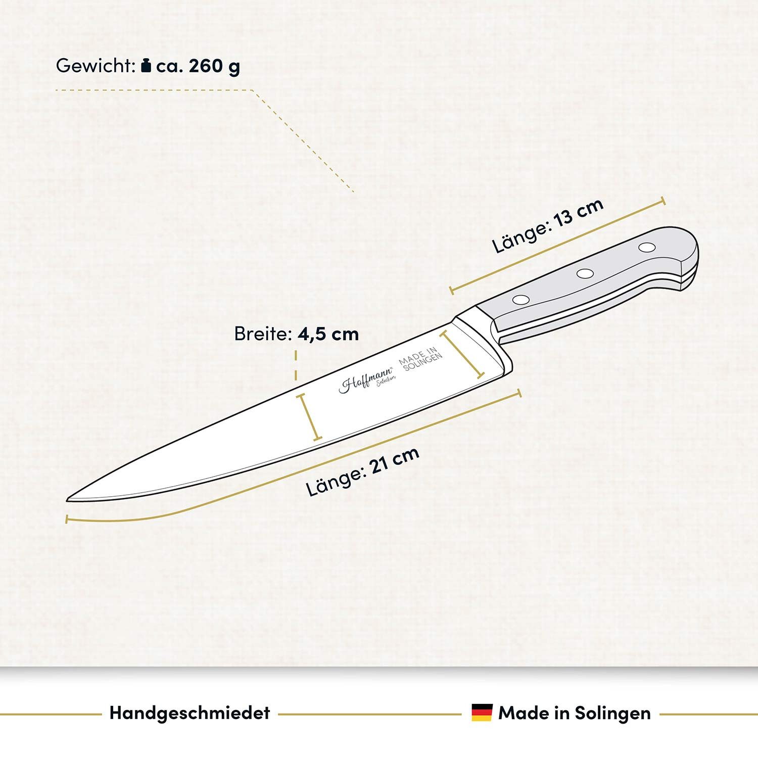 Hoffmann Germany Kochmesser Chefmesser handgeschmiedet Solingen 21 cm – rostfreier Stahl, X50CrMoV15, 58 HRC, Glatter Schliff, POM-Griff, Solingen