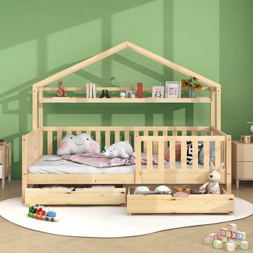 REDOM Kinderbett Hausbett (mit Lattenrost,und 2 Schubladen), Einzelbett Kiefernholz 90x200cm ohne Matratze