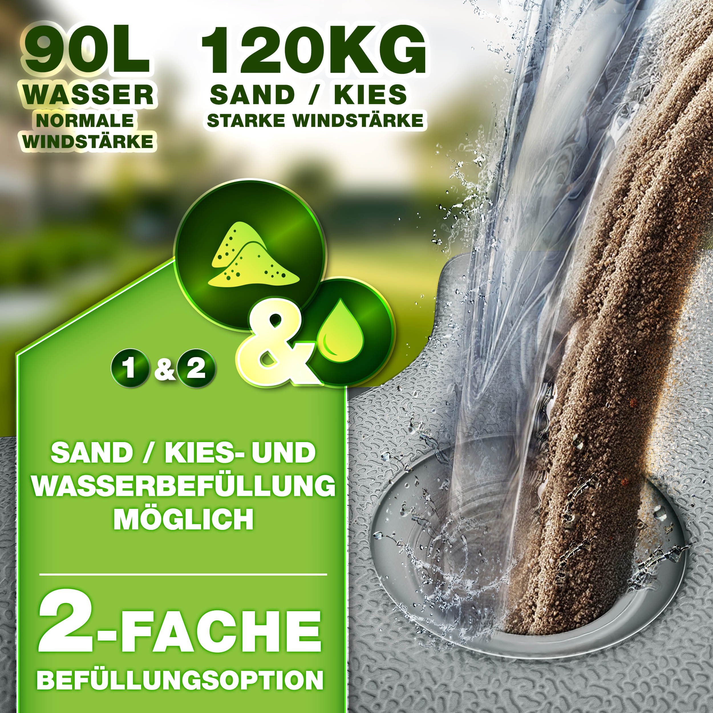 tillvex Sonnenschirm tillvex® Sonnenschirmständer 90L / 120kg Schirmständer Schirmgewicht, Schirmständer Ampelschirmständer wetterfest, inkl. Metallverbinder Schirmgewicht befüllbar, Sonnenschirmständer 90 Liter / 120 kg – 4-teilig für Ampelschirm