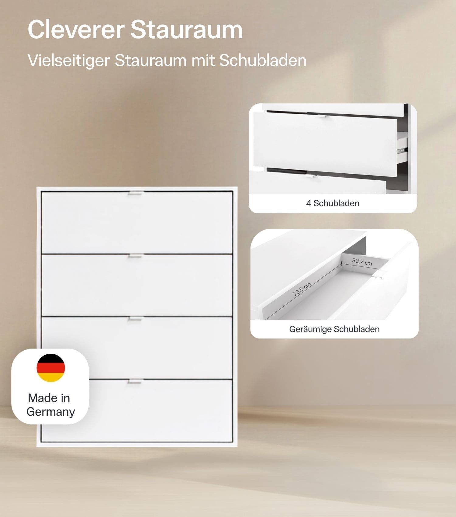 mokebo Sideboard Die Stilvolle (80x95x40cm, mit 4 Schubladen), Made in Germany, Nachttisch, Highboard, Anrichte, Sideboard in Weiß – Bild 2 von 5