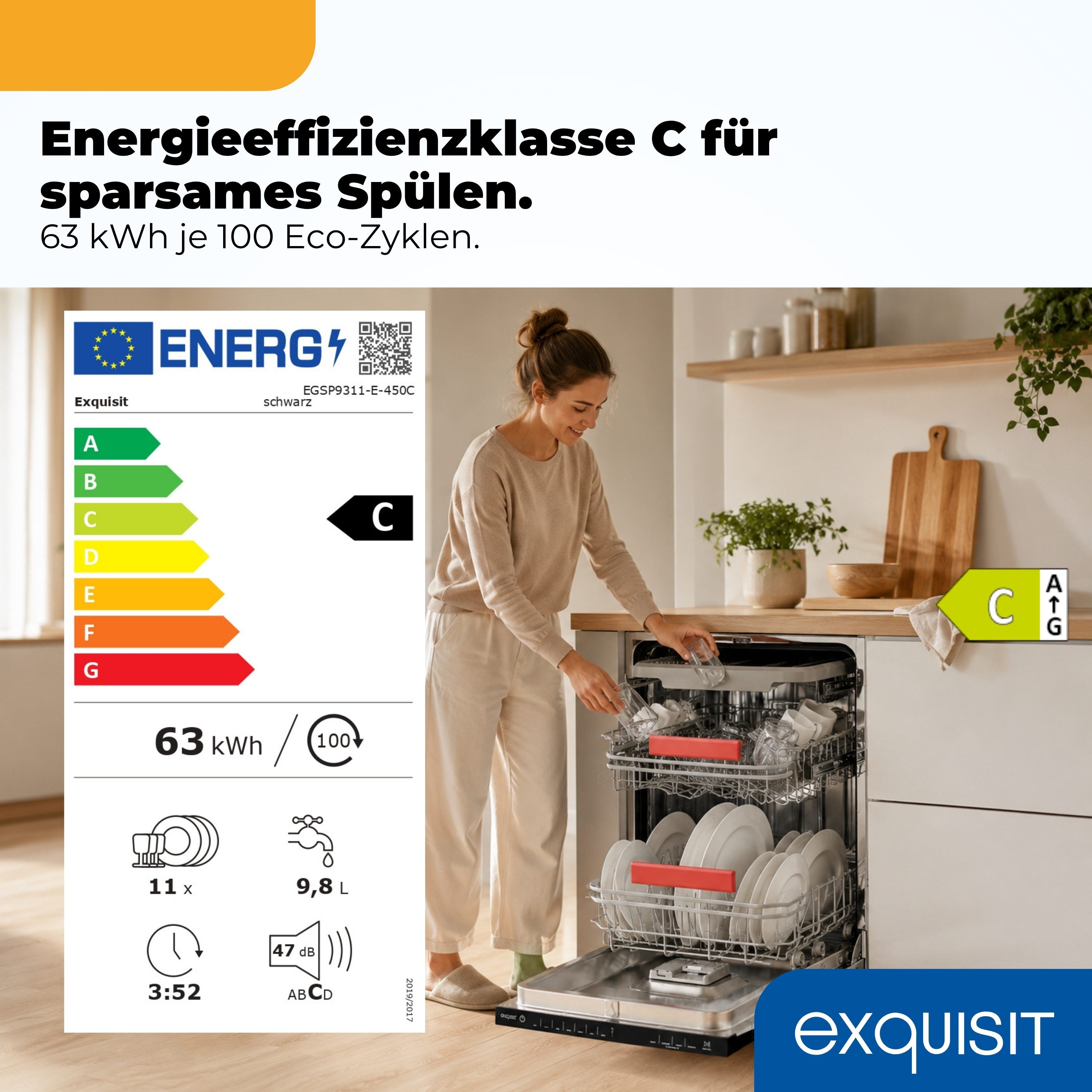exquisit vollintegrierbarer Geschirrspüler 9311 EGSP9311-E-450C schwarz, 9,8 l, 11 Maßgedecke, Mehr Komfort mit LED-Fußbodenanzeige & AquaStop