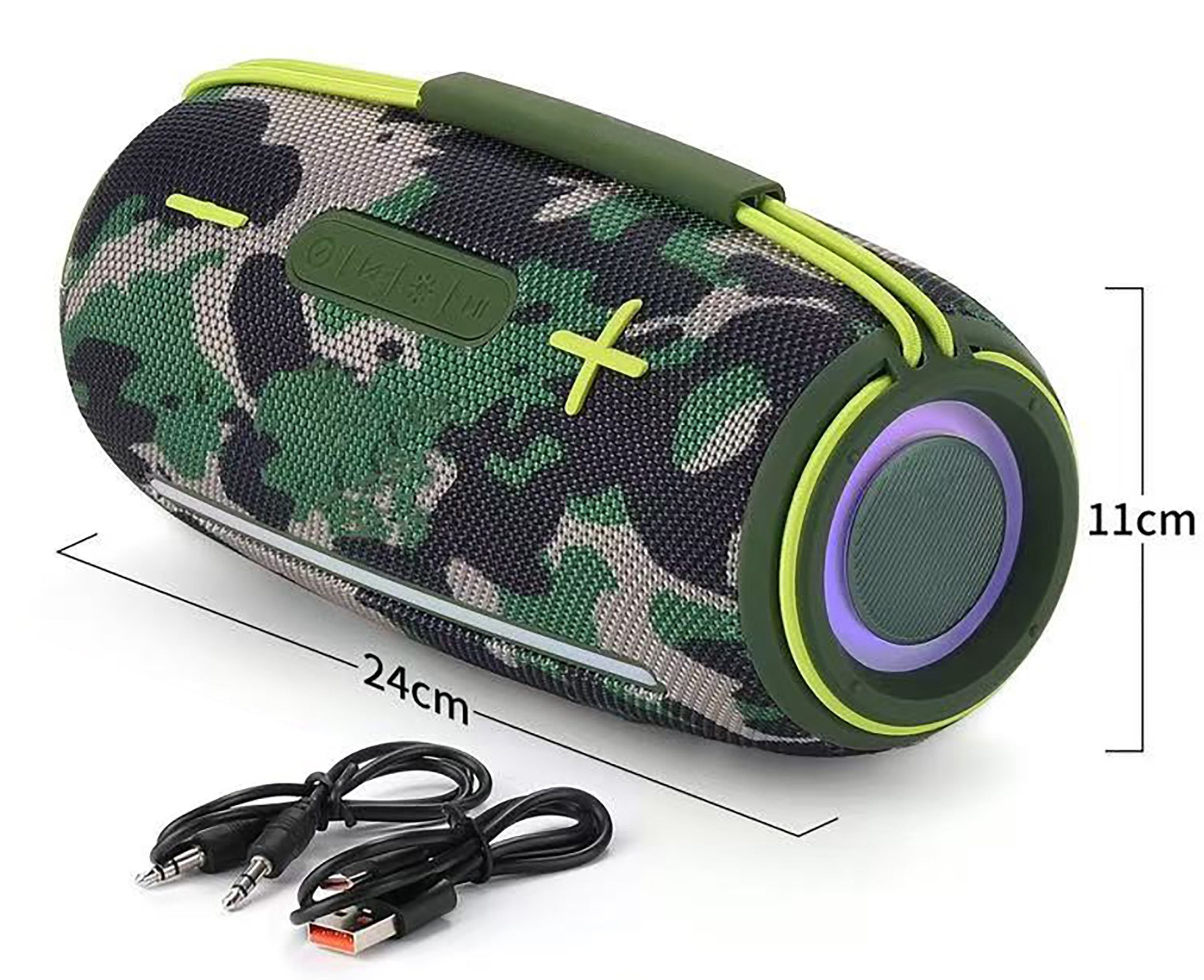 JTC-24 Bluetooth Outdoor Lautsprecher CamoBeat20 Bluetooth-Lautsprecher (20 W, 20 Watt, Bluetooth, AUX, microSD, USB, TWS, RGB Beleuchtung, IPX6)