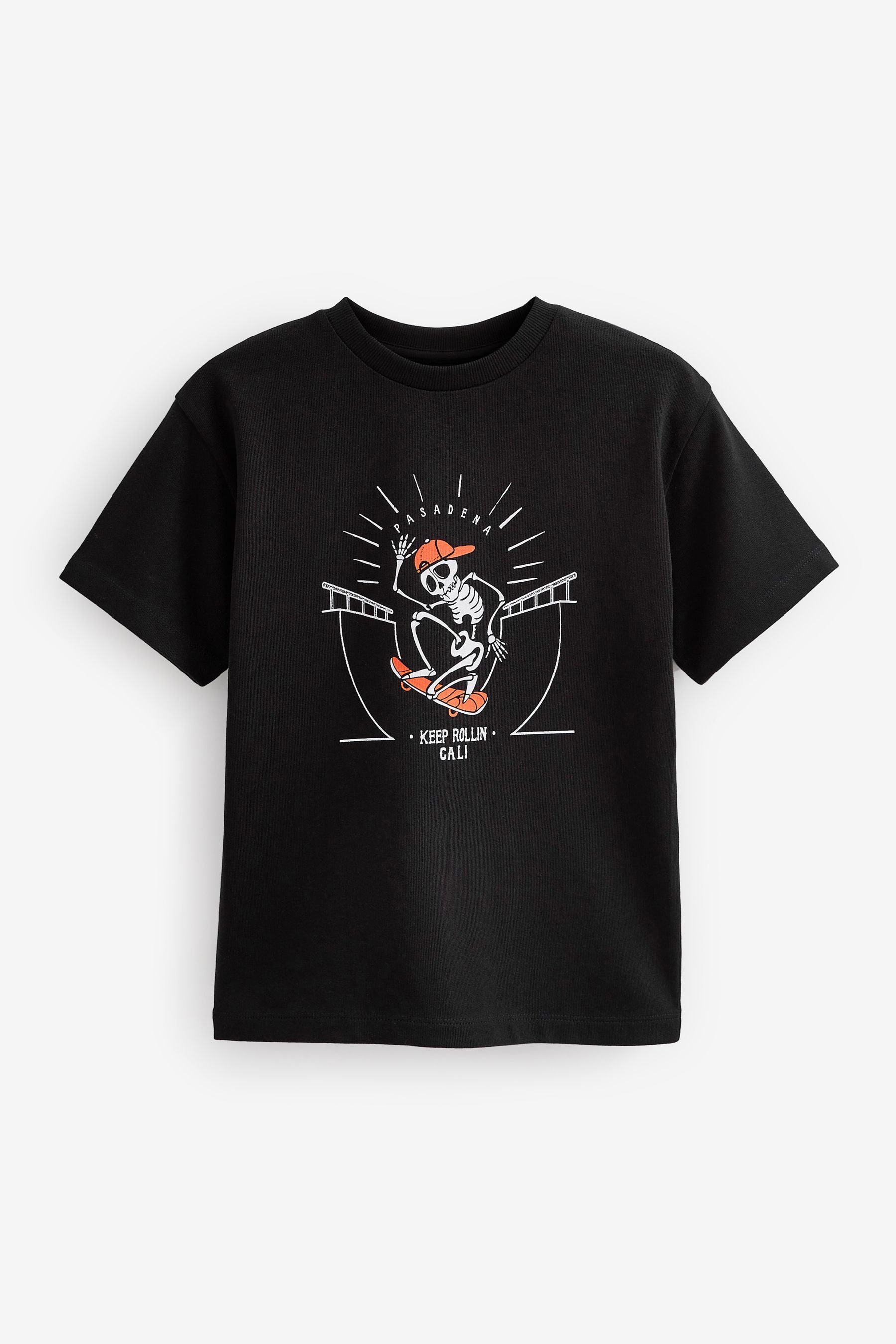 Next T-Shirt Relaxed Fit Kurzarm-T-Shirt (1-tlg) Black Skating Skeleton | T-Shirts