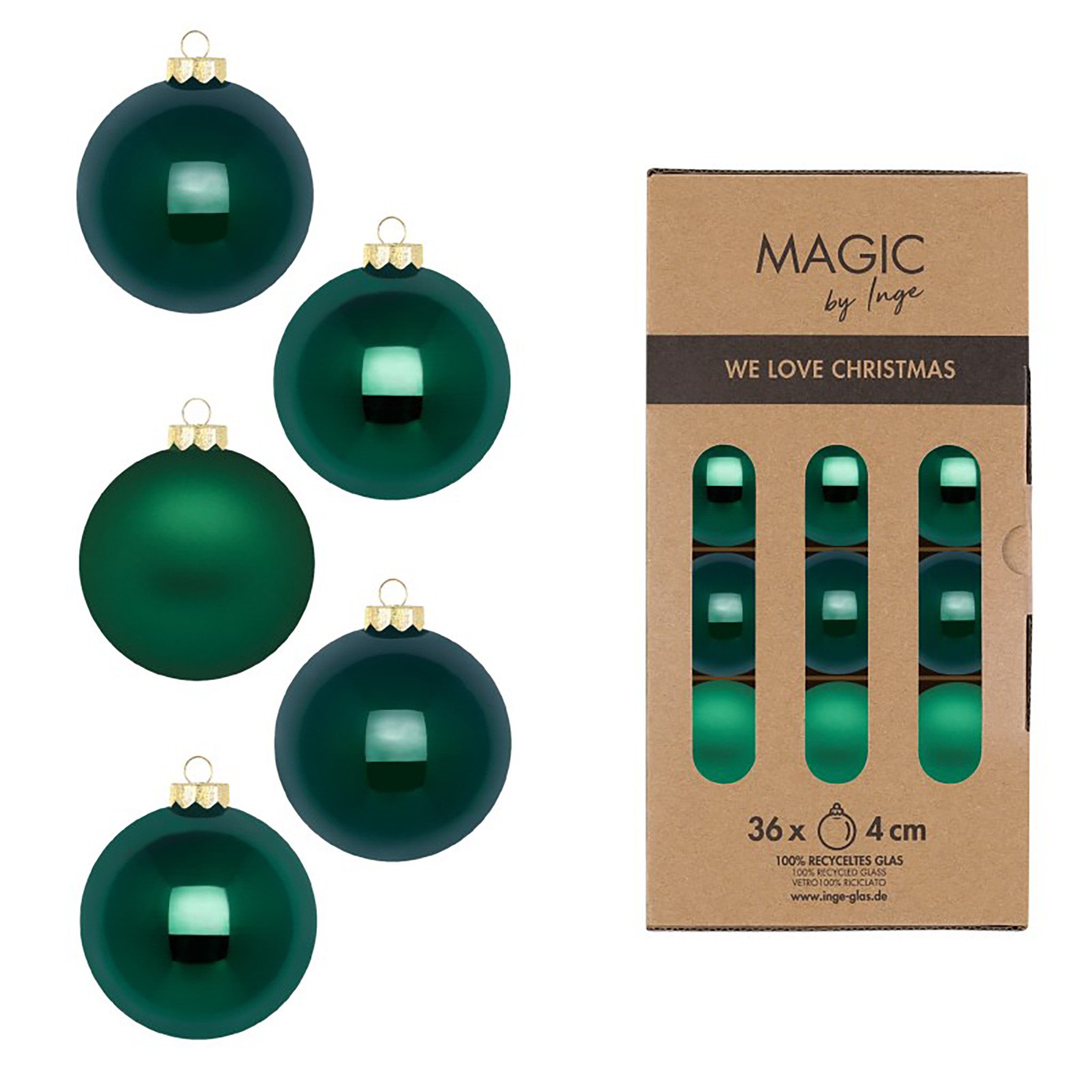 MAGIC by Inge Weihnachtsbaumkugel, Weihnachtskugeln Glas 4cm 36 Stück - Fir Green