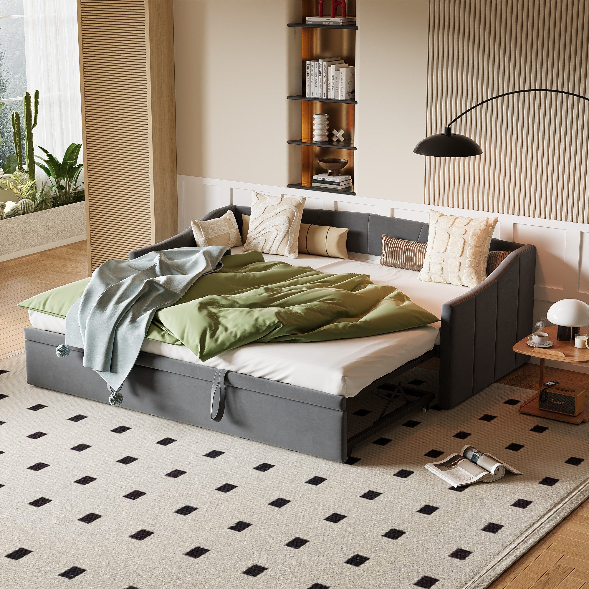 PXloue Schlafsofa Polsterbett Daybett Tagesbett mit Bettfunktion Ausziehbares 180x200 cm, 90x200 cm/180x200 cm,Grau,Samt,Multifunktionsbett,Lattenrost