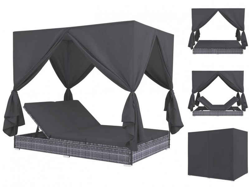 vidaXL Wellnessliege Outdoor-Lounge-Bett mit Vorhängen Polyrattan Grau Gartenliege Sonnenli