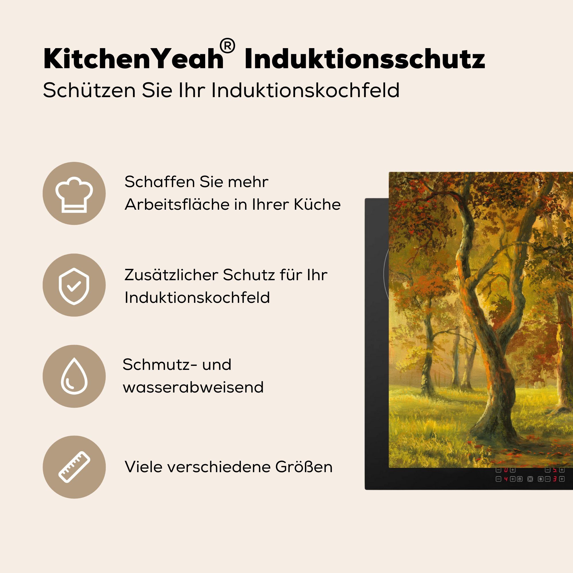 Eine Waldes Herdblende-/Abdeckplatte 81x52 cm, Ceranfeldabdeckung Herbstsonne, für Schutz (1 eines der die tlg), küche, Induktionskochfeld Illustration in Vinyl, MuchoWow