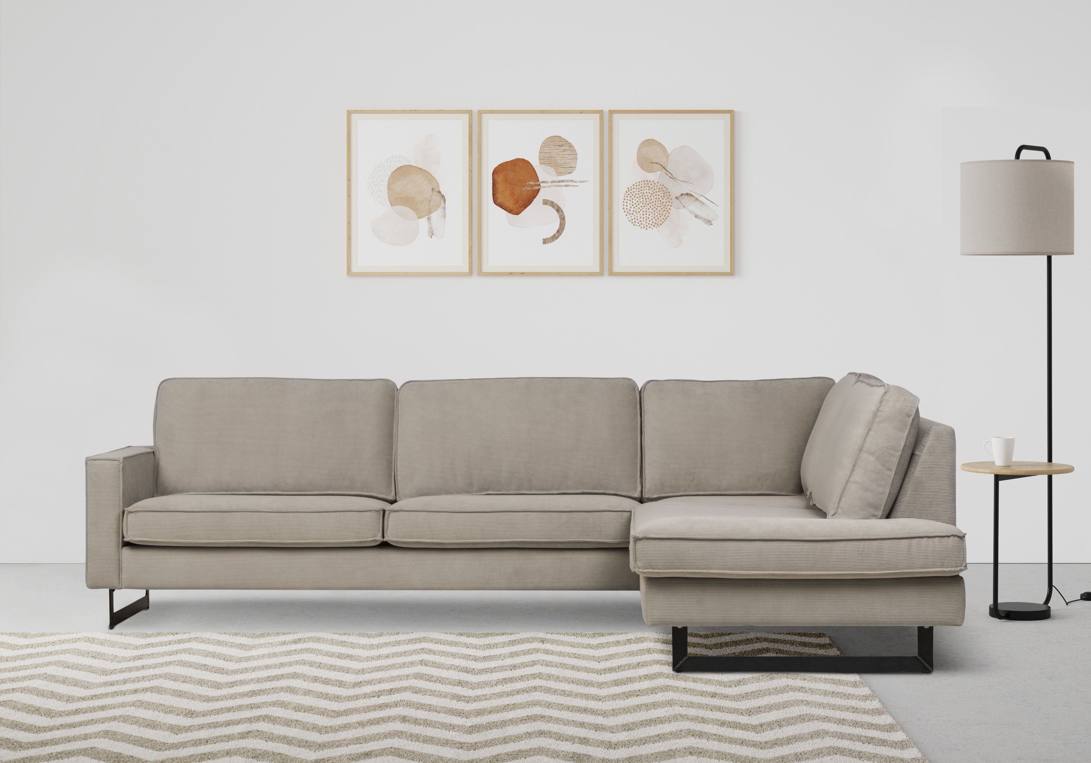 Places of Style Ecksofa Pinto, 290 cm, Cord, Chenille, Lederoptik, Ottomane links / rechts, mit Keder, schwarze Metallfüße, Wellenunterfederung