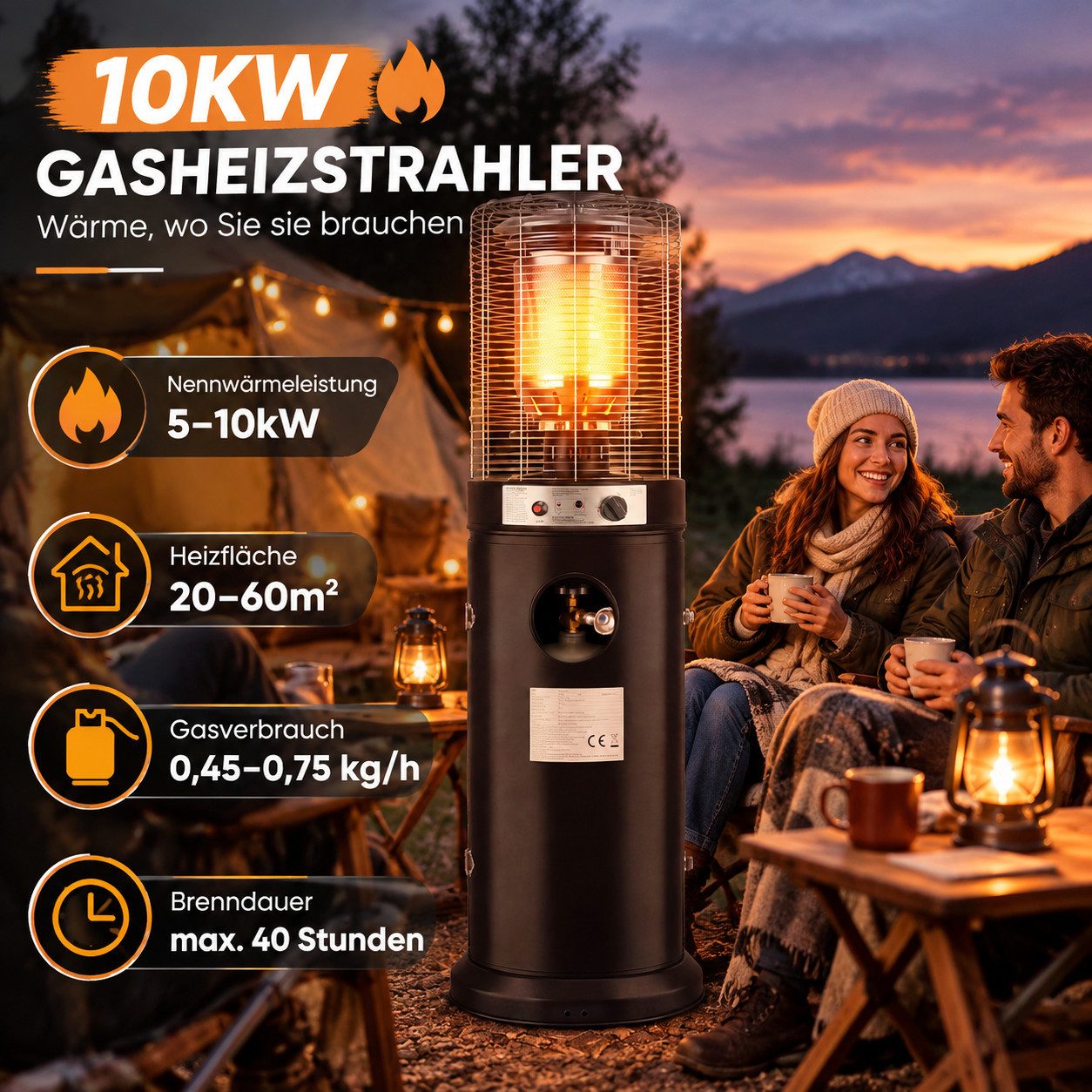 Ledklang Heizstrahler Gasheizstrahler Terrassenheizstrahler Gas 10-13kW Schwarz Mobil, 8000 W, Terrassenheizer für Terrasse Garten Balkon Outdoor 136D*45.5W*45. – Bild 5 von 5