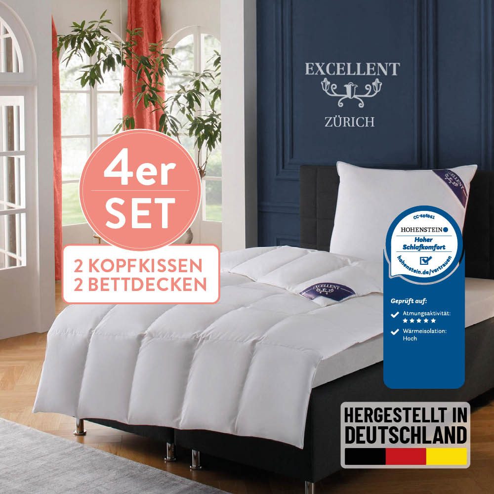 Excellent Daunenbettdecke + Federkissen Zürich, Bettdecke normal mit Bestnote "Hoher Schlafkomfort" bewertet., Füllung: Bettdecke 100% Daunen, Bezug: 100% Baumwolle, 4-tlg.Set 2x135x200 & 155x220 cm & 2xKissen 40x80 & 80x80 cm