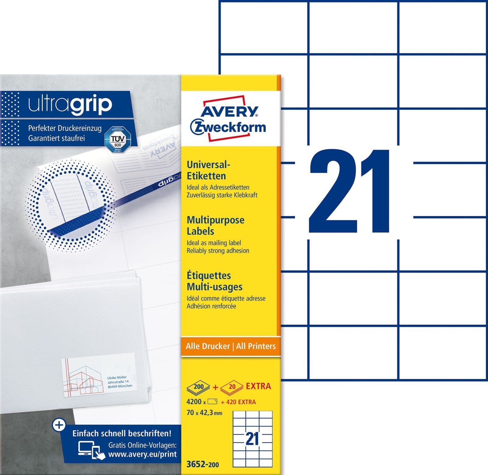 Avery Zweckform Etiketten Universal-Etiketten ultragrip 70x42,3 mm VE=4.620 Etiketten / 220 Boge