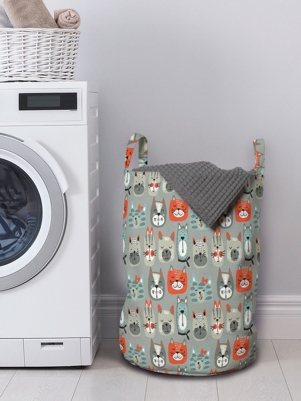 Kordelzugverschluss Faces Karikatur Wäschesäckchen mit Cat Verschiedene Muster für Wäschekorb Waschsalons, Abakuhaus Griffen