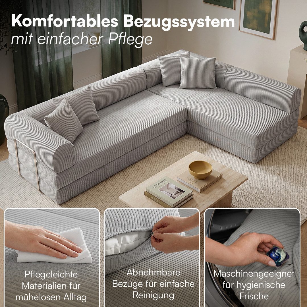 skølm Sofa & Sessel Lofn aus Vollschaum Cord, umwandelbar zum Schlafsofa/-Sessel, Hellgrau, Ecksofa 300 cm breit, 4 Sitzer, kein Aufbau erforderlich, vakuumiert – Bild 5 von 5