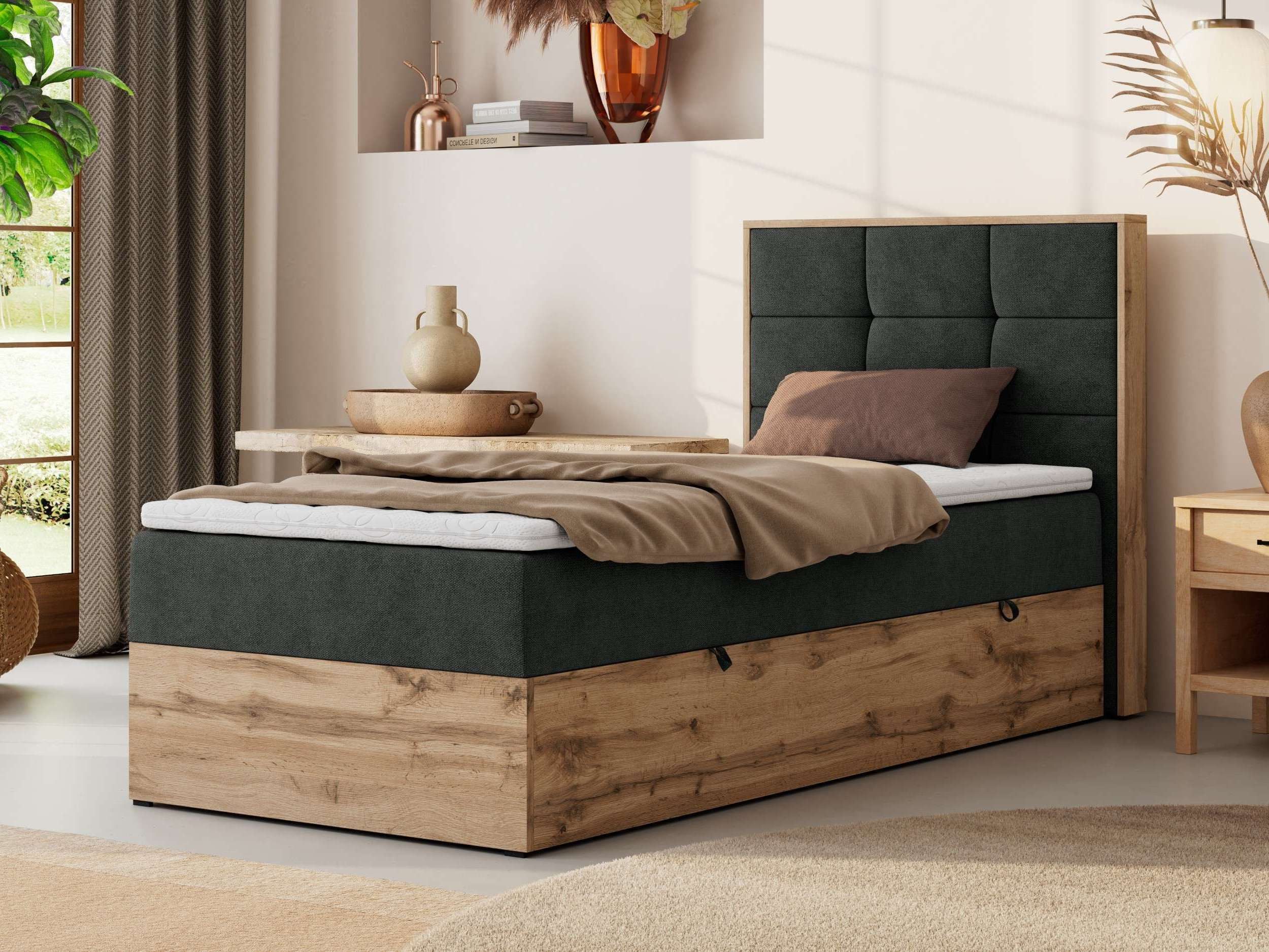 MKS MÖBEL Boxspringbett ALBERO 1 90x200 cm (Set, Packung, Topper T25/Visco, Stauraum, Matratzen, Bettkasten, T30-Schaum), Einzelbett, Multipocket-Matratzen, Möbelplatten, Praktisch