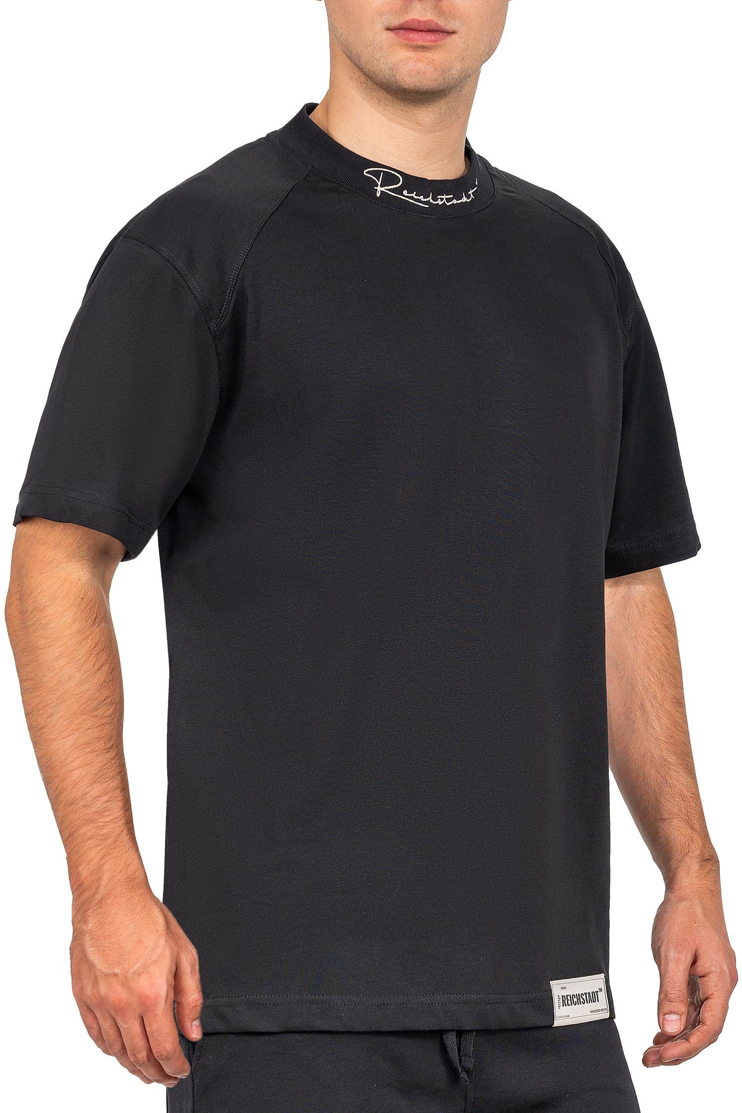 Schwarz Reichstadt 23RS041 Kragen Kurzarm (1-tlg) mit T-shirt Oversize-Shirt am Casual Stitching