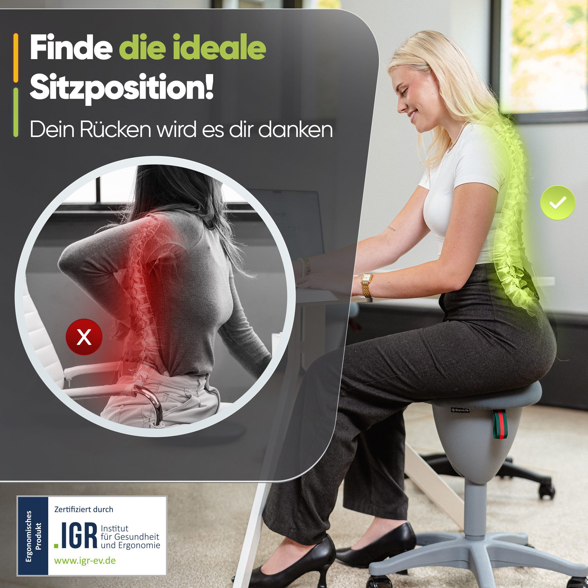 Steinlife Arbeitshocker Ergonomischer Bürohocker [Aktives Sitzen, Gesunde Haltung] (Rollhocker mit Kratzerfreien Rollen, Höhenverstellbar [53-73cm] Ergonomischer Hocker für Büro, Arbeitshocker rutschfest Drehhocker)