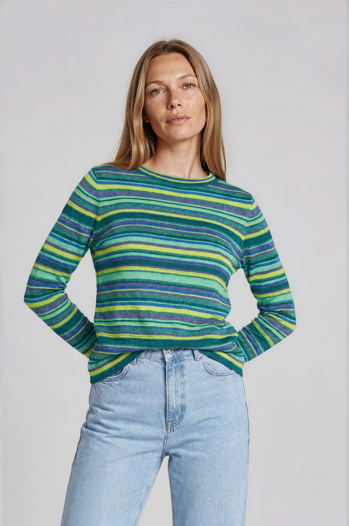 FRISTED Sweater Damen Sweater Gestreift Bio Baumwolle Rundhals Modern fit Langarm Figurbetonter Pullover mit Melange-Optik und seitlichen Schlitzen