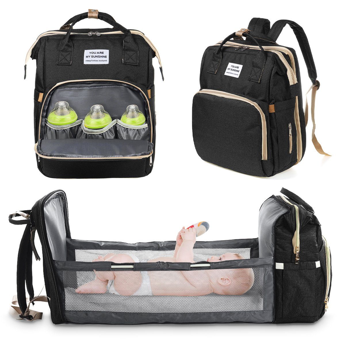 Kimbosmart Wickeltasche (3 in1 Multifunktion Babytasche, Reise-Rucksack), Oxford-Tuch wasserdicht für Kinderwagengurte & Wickelauflage Schwarz