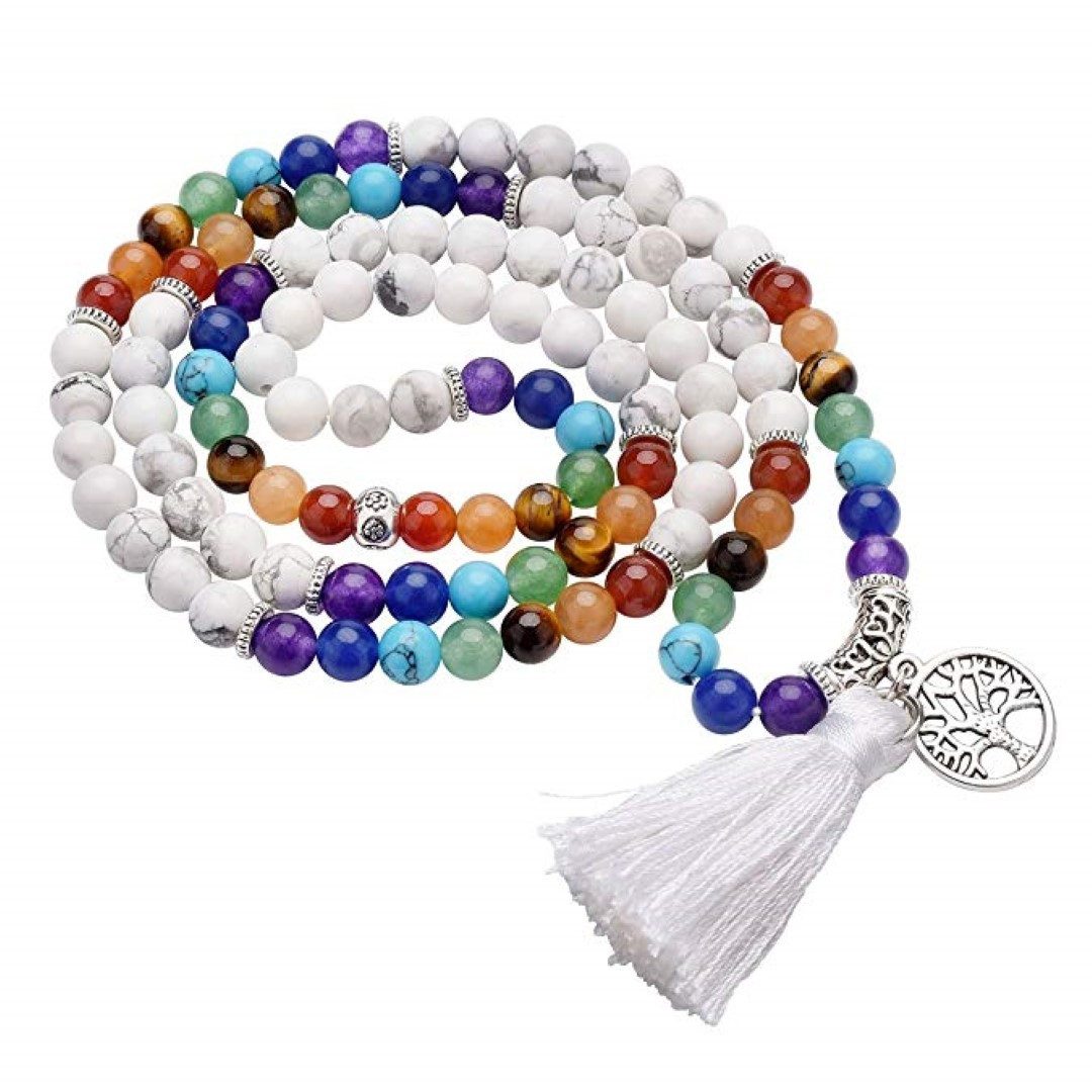 Saraswati Lange Kette Mala "Chakra Lebensbaum" 108 Howlith- und Chakra Edelsteine mit Metall