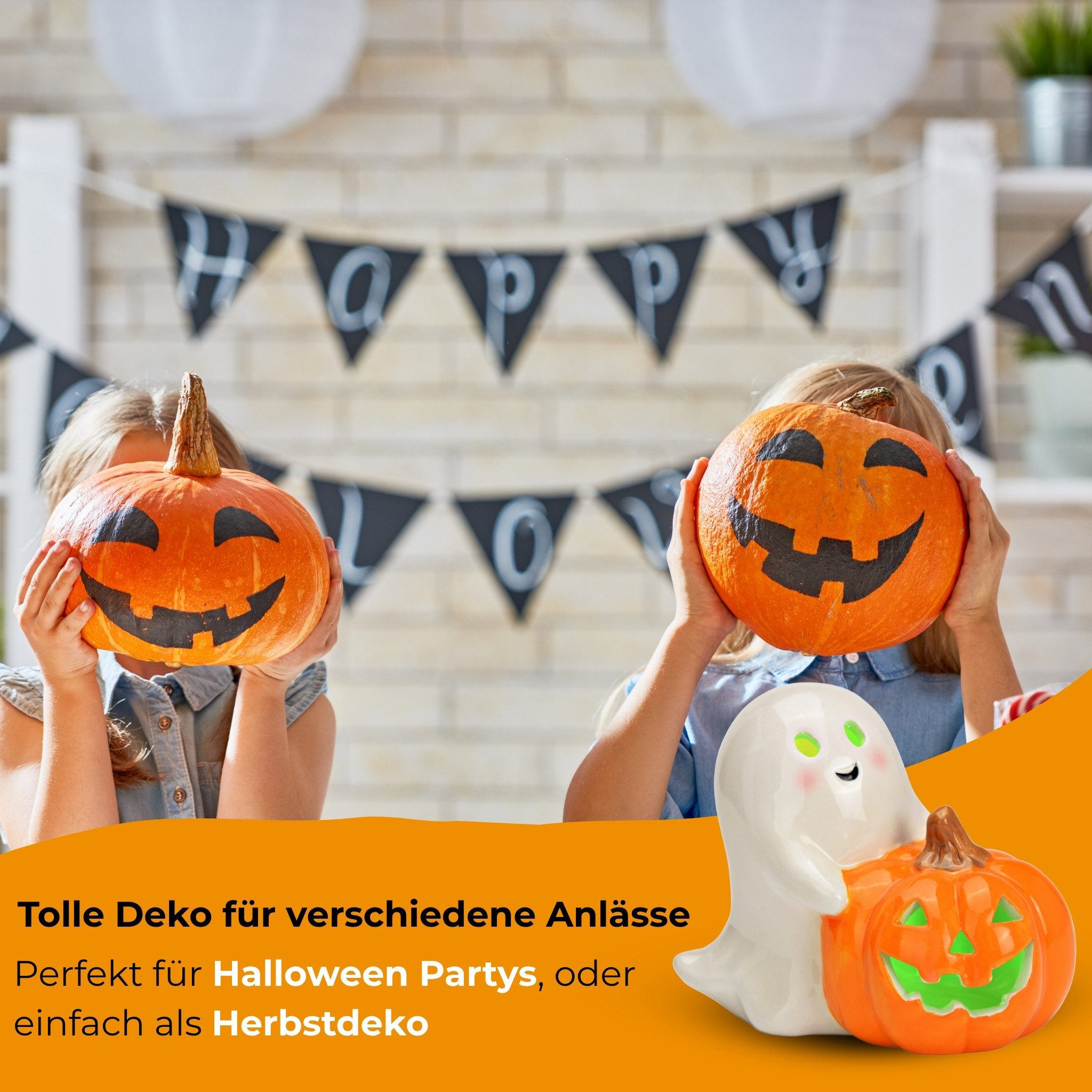 matches21 HOME & HOBBY Dekofigur Keramik Geist mit LED & Kürbis, Weiß, Halloween Deko, 10 cm (1 St), Ideal für Halloween-Partys & Herbstdeko