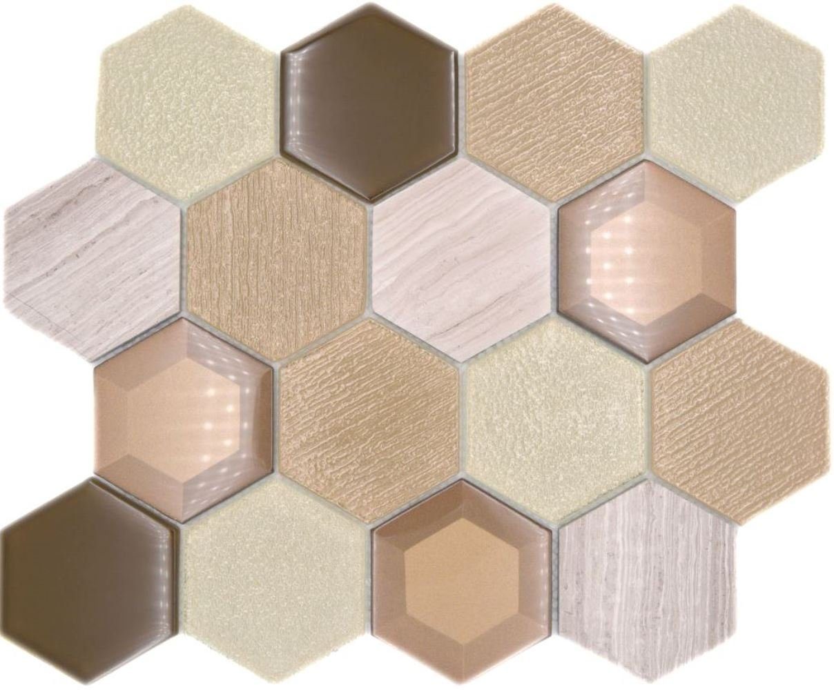 Mosani Küchenrückwand Glasmosaik Naturstein Mosaik beige glänzend / 10 Matten, Dekorative 3D Wandverkleidung