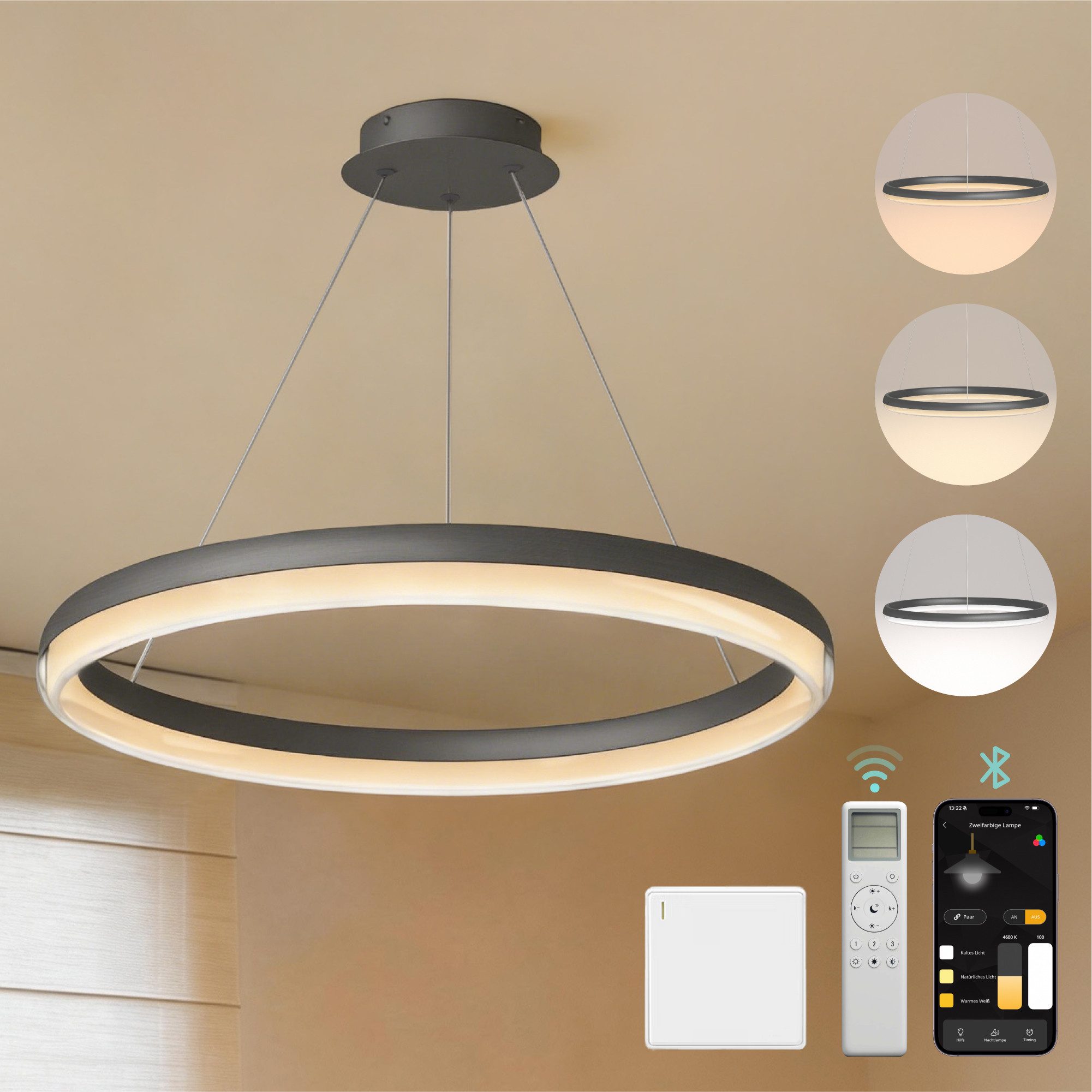 Mai & Mai Pendelleuchte Pendellampe LED-Hängelampe stufenlos dimmbar 3000K–6000K 20W Luvina05, LED-Pendelleuchte, Farbtemperatur von 3000K–6000K