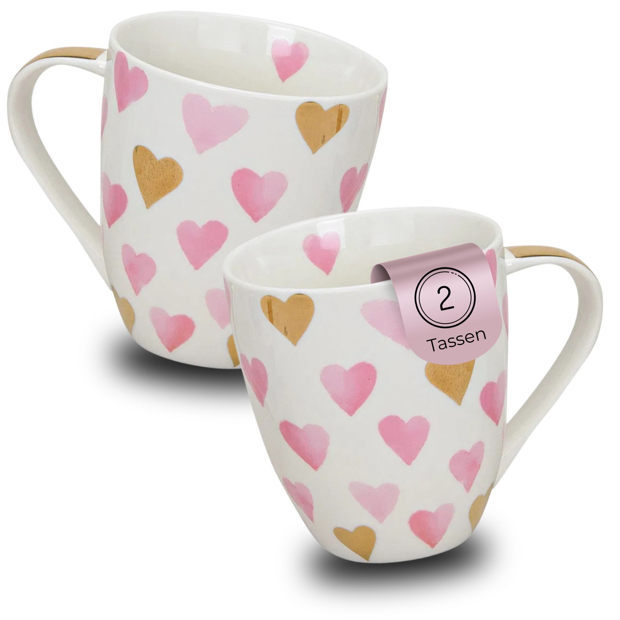 matches21 HOME & HOBBY Tasse XXL Kaffeetassen 2er Set aus Porzellan mit gold-rosa Herzen, 1-tlg., Porzellan, Jumbo Teetassen 400 ml