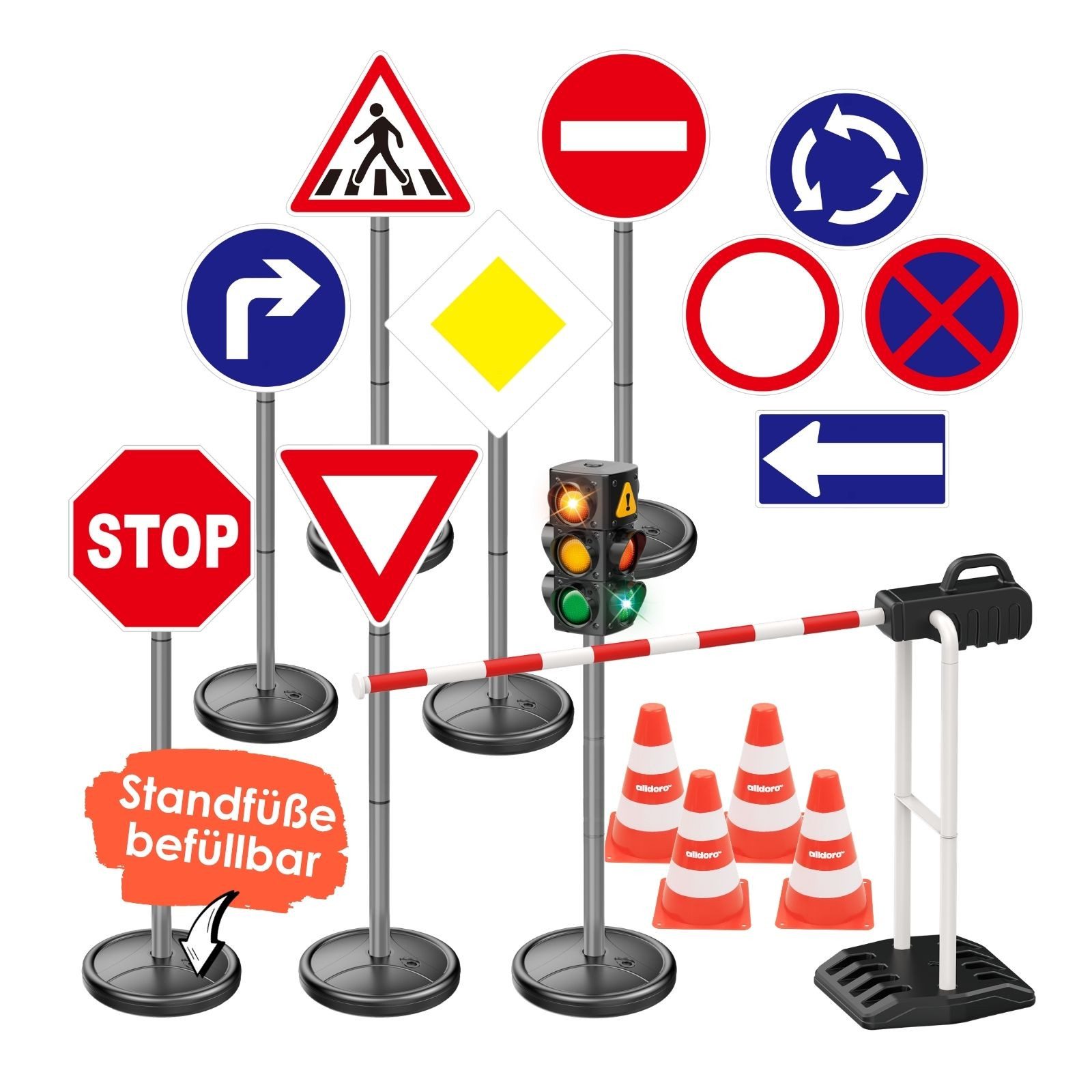 alldoro Spiel-Verkehrszeichen XXL-Verkehrsset für Kinder mit Ampel, Schildern, Schranke & Pylonen, 75-80 cm, Standfüße befüllbar, Verkehrserziehung und Rollenspiele