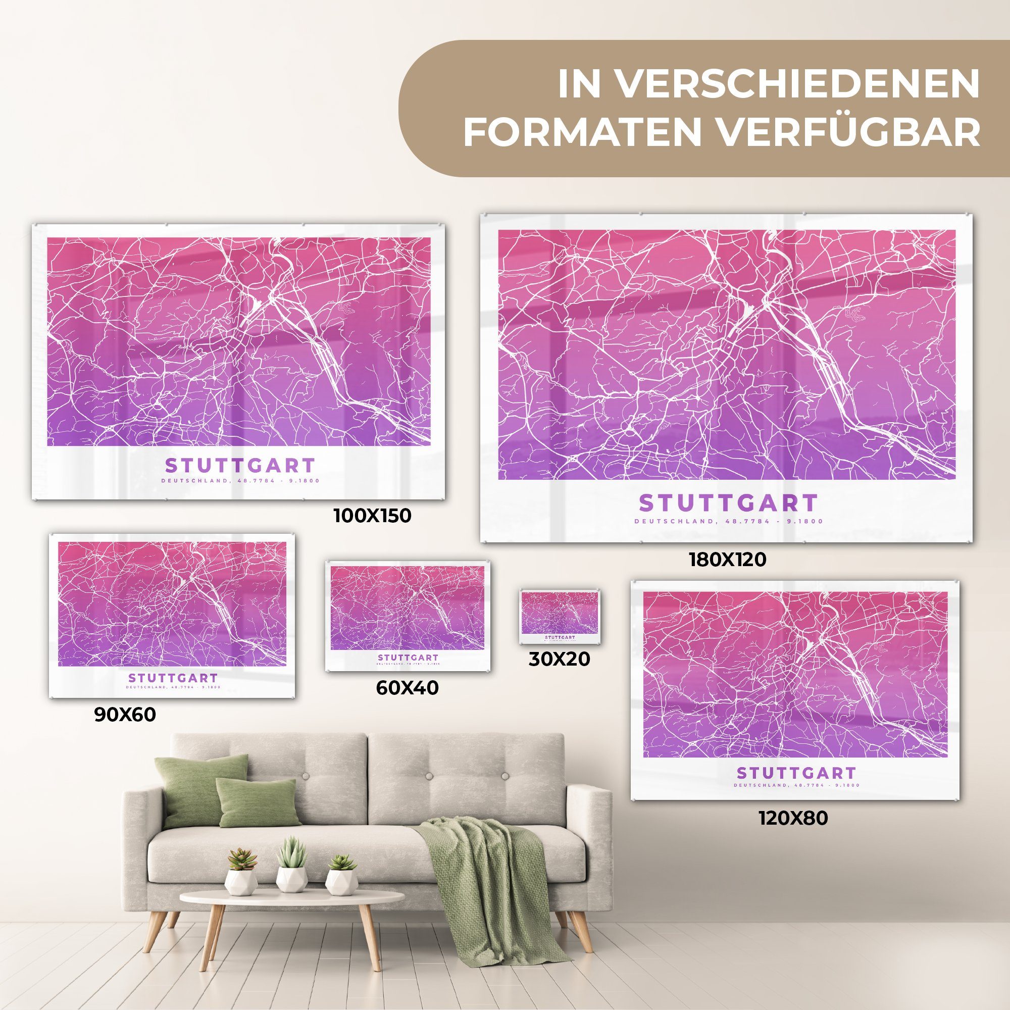 Acrylglasbilder Deutschland (1 & Acrylglasbild Wohnzimmer St), Schlafzimmer MuchoWow - Stuttgart Stadtplan, -