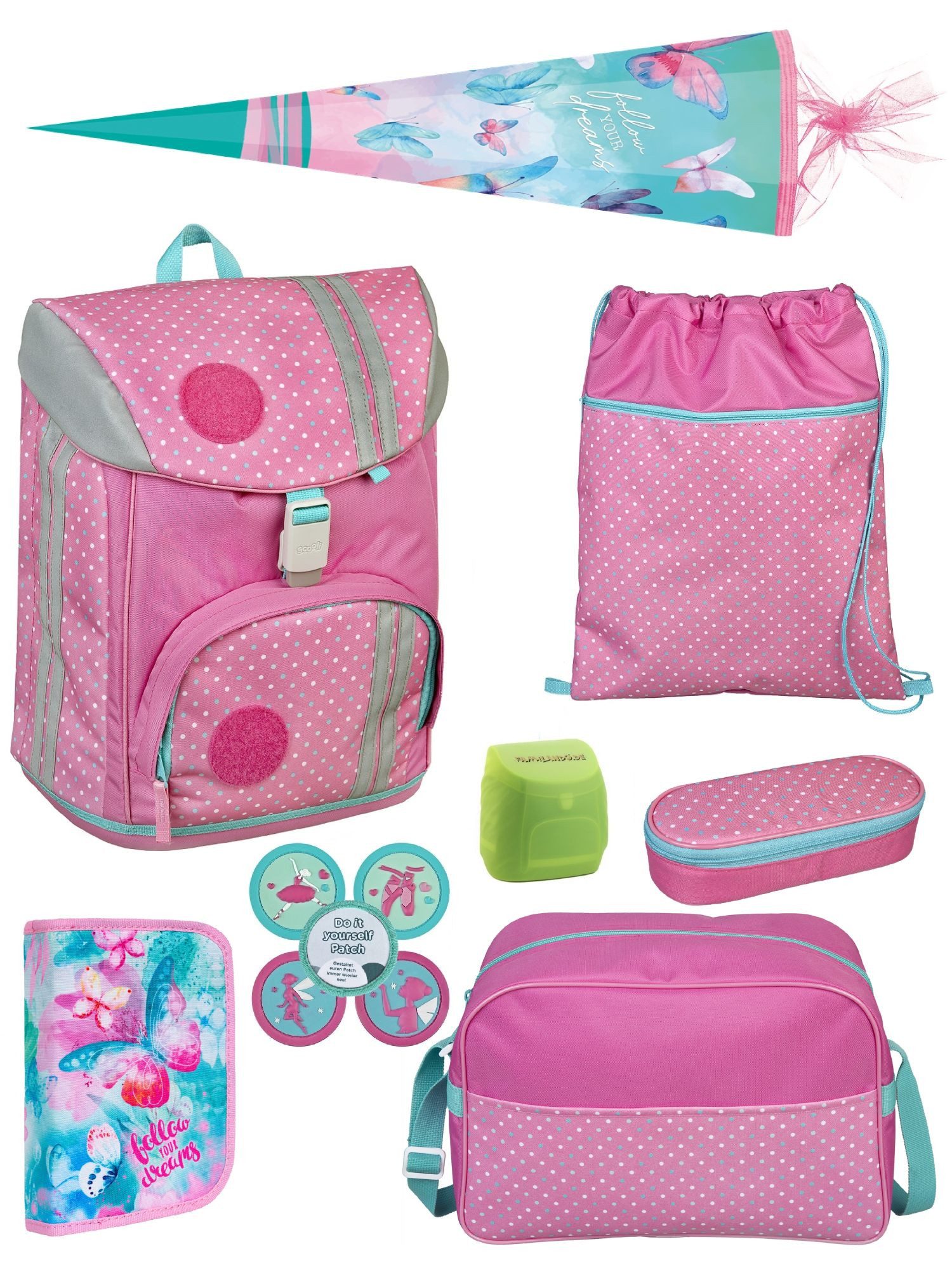 Scooli Schulrucksack rosa Schulranzen mit Motiv Kletties Ballerina, Fairy Fee, ab 1. Klasse (Spar-Set, 10-tlg., inkl. Federmäppchen, Sporttasche und Schultüte Schmetterlinge), höhenverstellbar, mit Brust- & Hüftgurt, 980 Gramm leicht