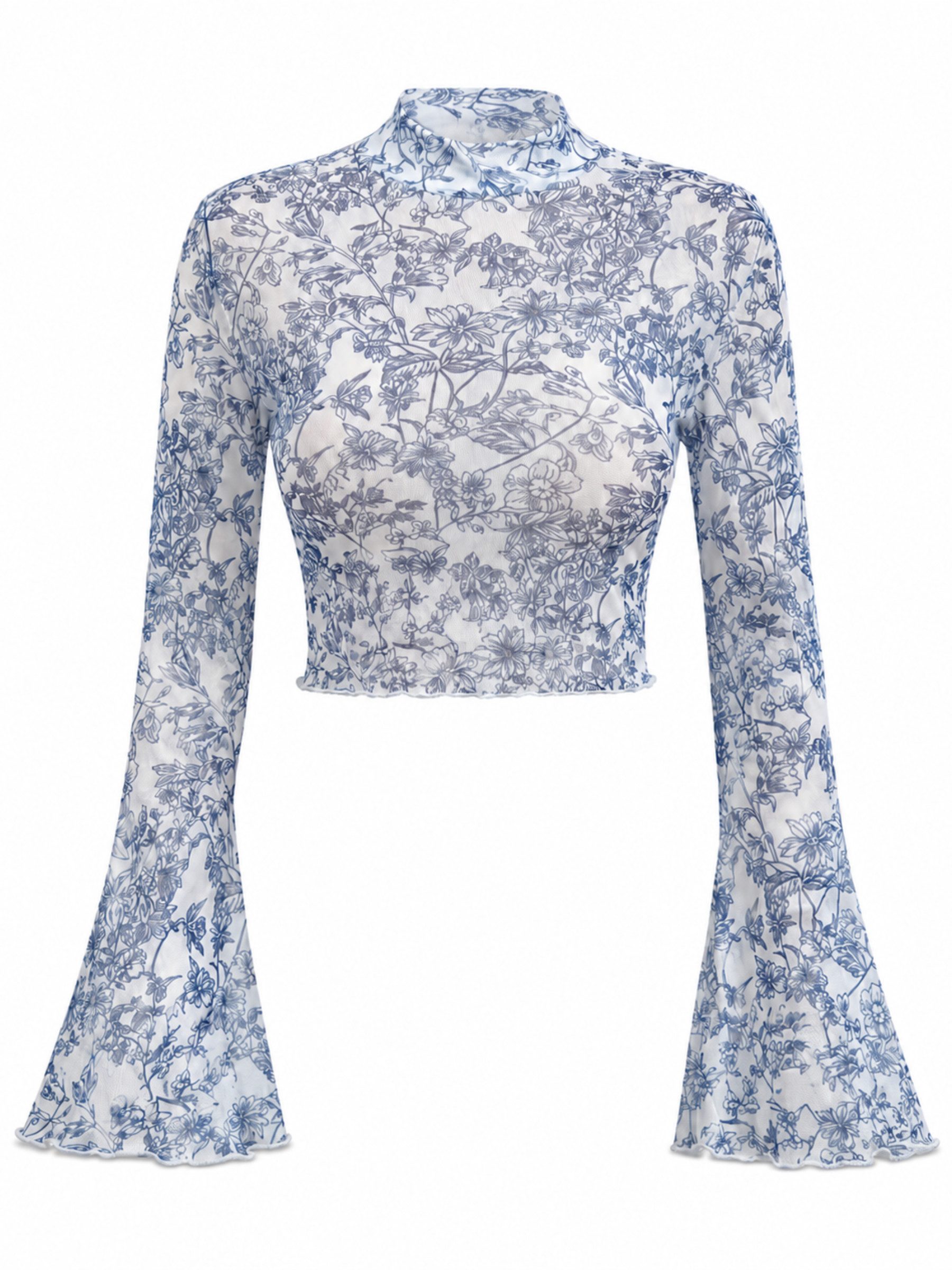 Elegant Love Langarmshirt Langarm Crop Top für Damen aus Netzstoff – Durchsichtiges Party-Top Bauchfreies Oberteil mit Blumenprint, Stehkragen und Trompetenärmeln