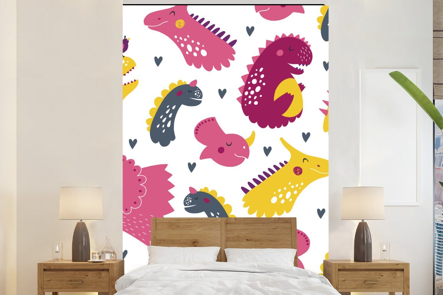 MuchoWow Fototapete Dino - Muster - Kind - Rosa - Mädchen, Matt, bedruckt, (3 St), Montagefertig Vinyl Tapete für Wohnzimmer, Wandtapete