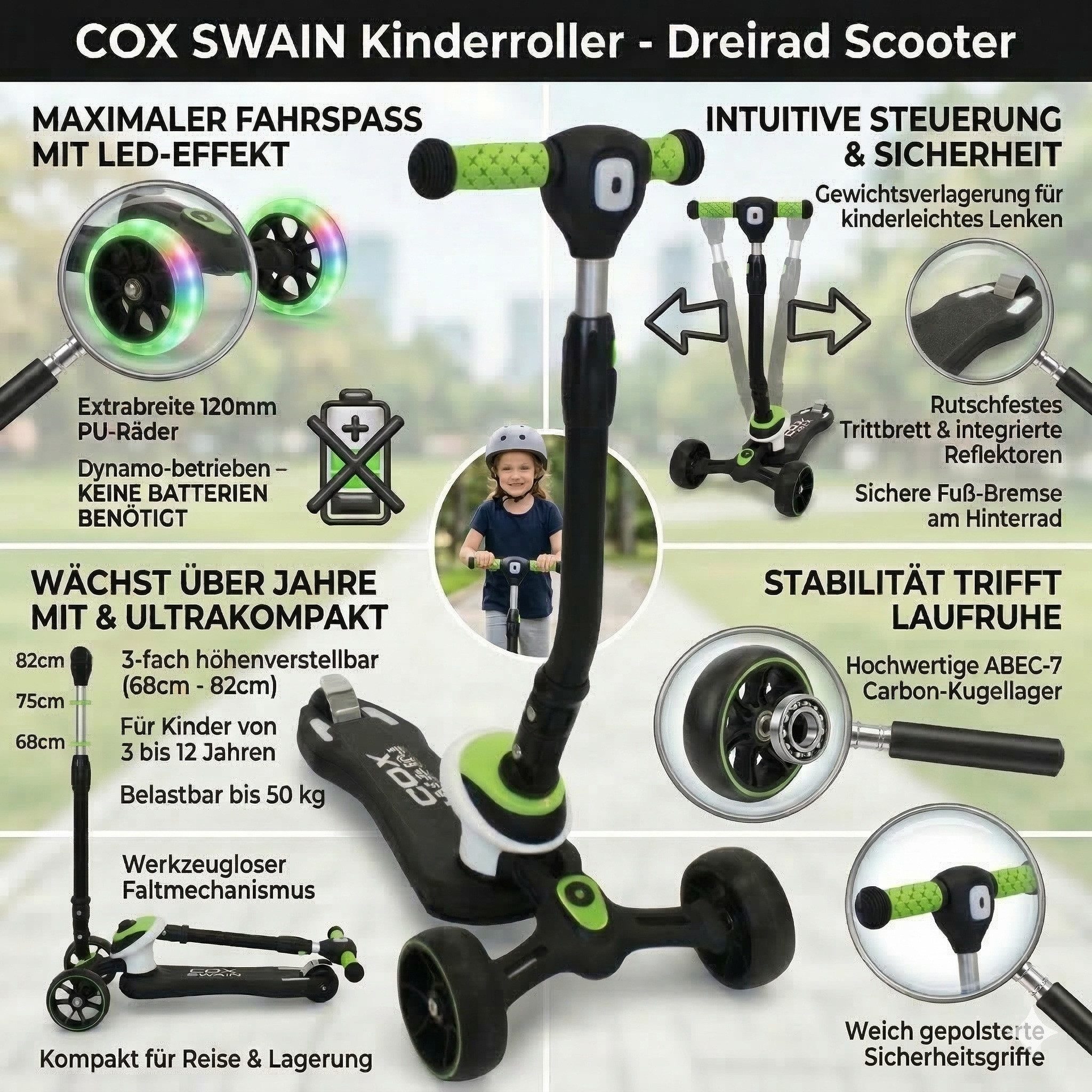 Cox Swain Dreiradscooter COX SWAIN Kinderroller FLEX 3-Rad mit LED-Leuchtrollen, klappbar, Sicherer 3-Rad Scooter mit LED-Rollen, klappbar & höhenverstellbar.