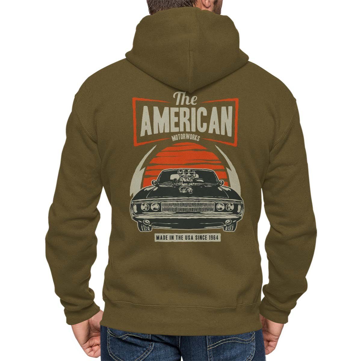 On mit American Hoodie Kapuzenjacke The Wheels / Auto Zip Rebel US-Car Khaki Motiv Kapuzensweatjacke