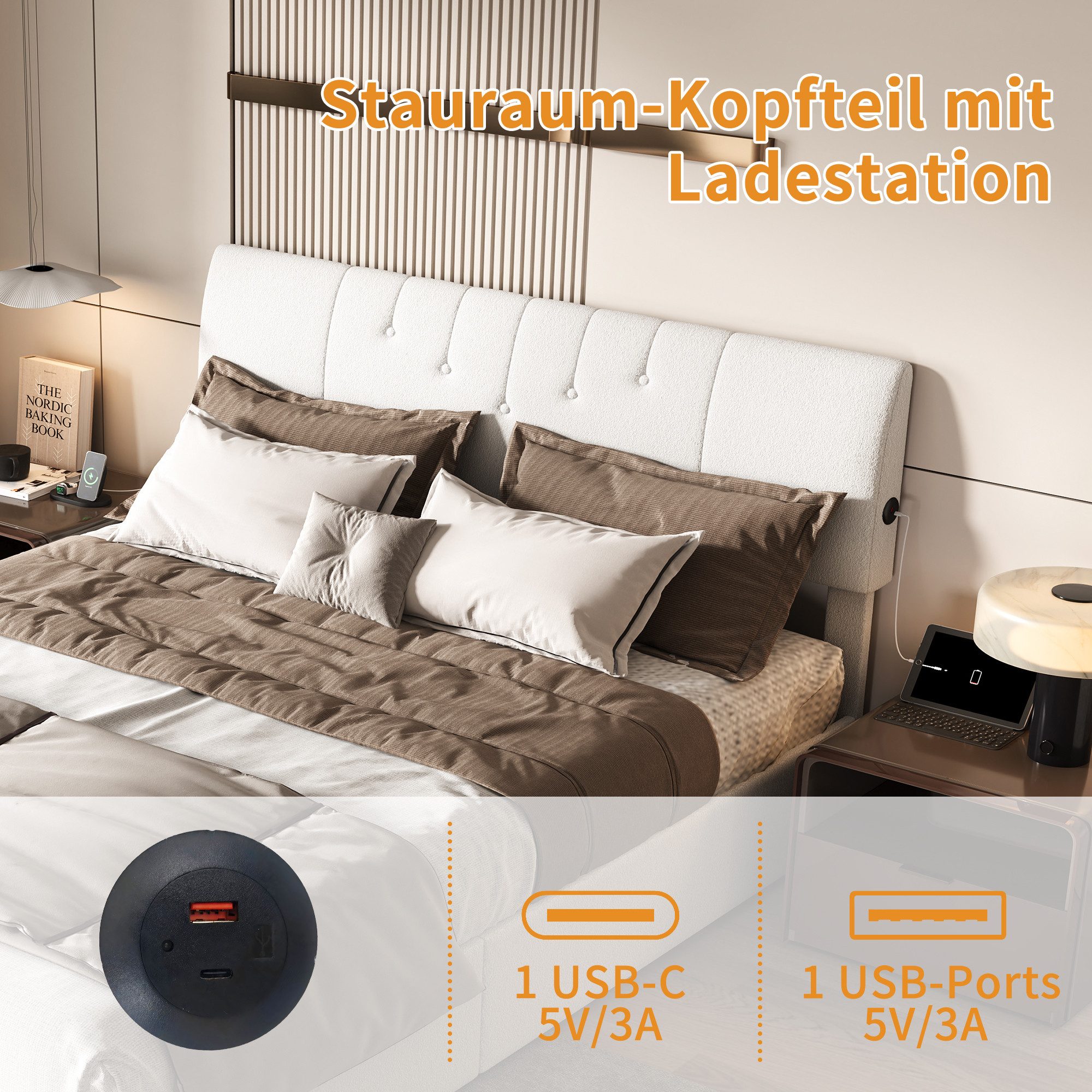 Gdood Polsterbett Stauraumbett Doppelbett LED, Teddy-Samt (1-tlg., 2 Type-C + 2 USB, Hydraulisch hebbarer Stauraum), Mit Bettkasten, USB-Anschluss, 160x200 cm