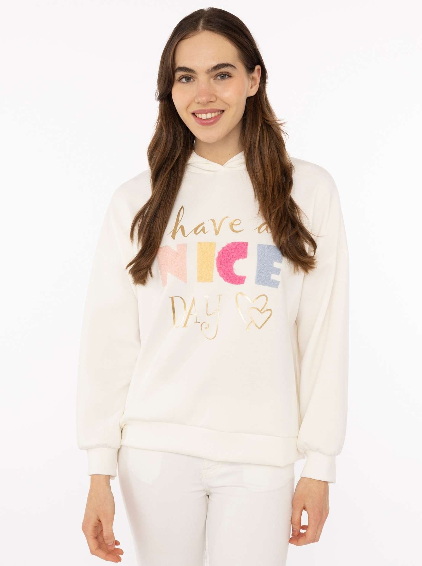 Zwillingsherz Hoodie "Nice Day" Kapuze, lange Ärmel, elastische Bündchen, großer Neon-Print