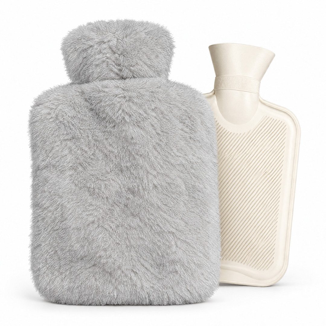 LIVINA HOME Wärmflasche Wärmflasche mit Bezug 1 L – kleine Wärmflasche mit weichem Bezug, für Nacken, Bauch, Rücken & Füße – weiß, hellgrau, abnehmbarer Bezug