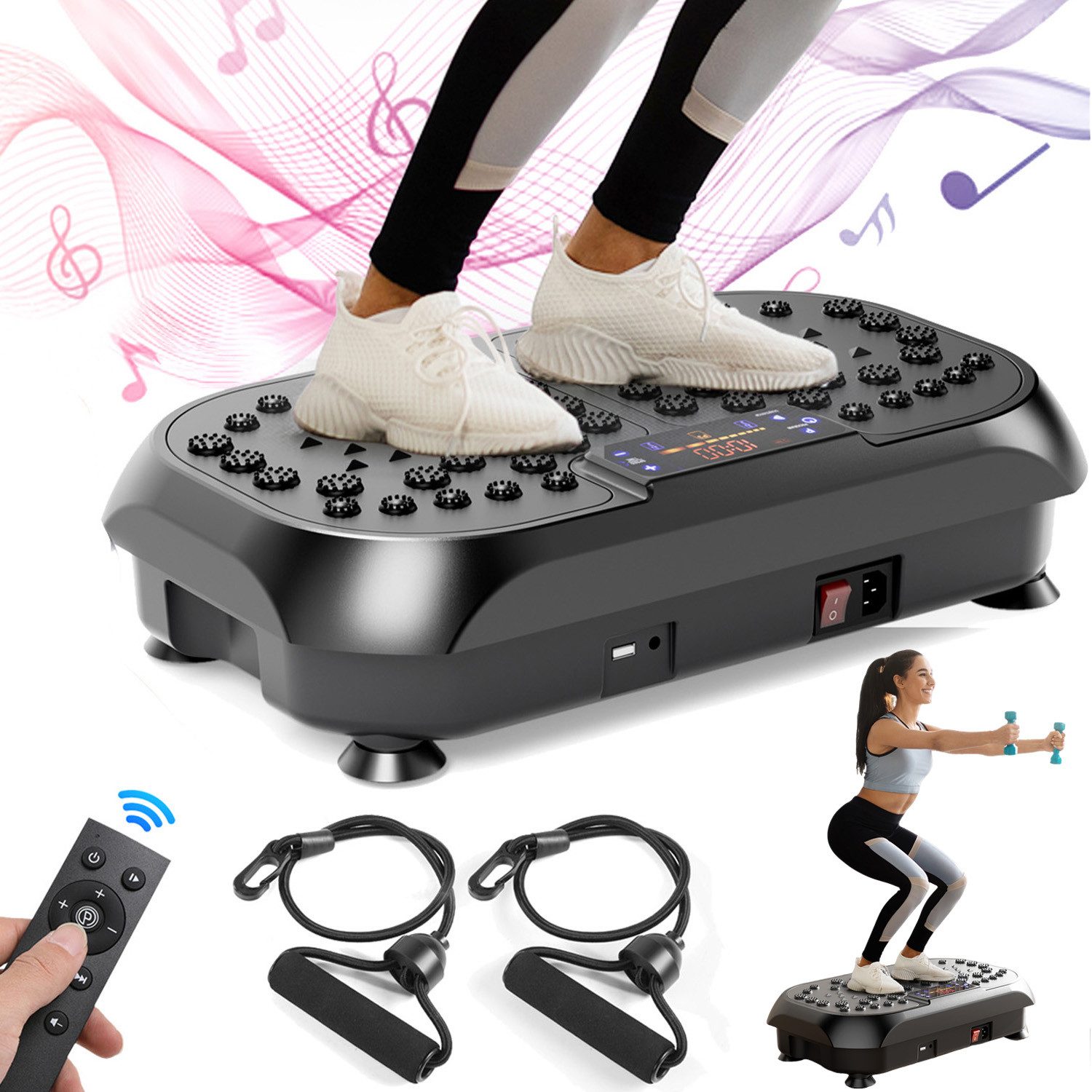 oyajia Vibrationsplatte 4D Vibrationsplatte,Komfort-Massage,Ganzkörpertraining,Leise Motoren, 200 W, 99 Intensitätsstufen, (Vibration Oszillation, Leicht zu Bedienen, Komfortables LED-Display), mit Fernbedienung, Expanderbänder, Ganzkörpertraining, bis 120 kg