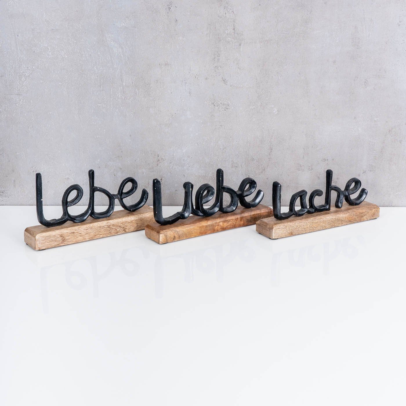 Levandeo® Deko-Schriftzug, 3er Set Schriftzug Lebe Lache Liebe L22cm Metall Schwarz Mango Holz