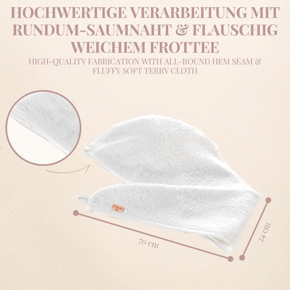 Knopf Turban-Handtuch aus mit Mikroplastik Baumwolle weiß saugstark Haarhandtuch Stabiles hair OHNE Haarturban Schlaufe towel, 100% Baumwolle & Carenesse
