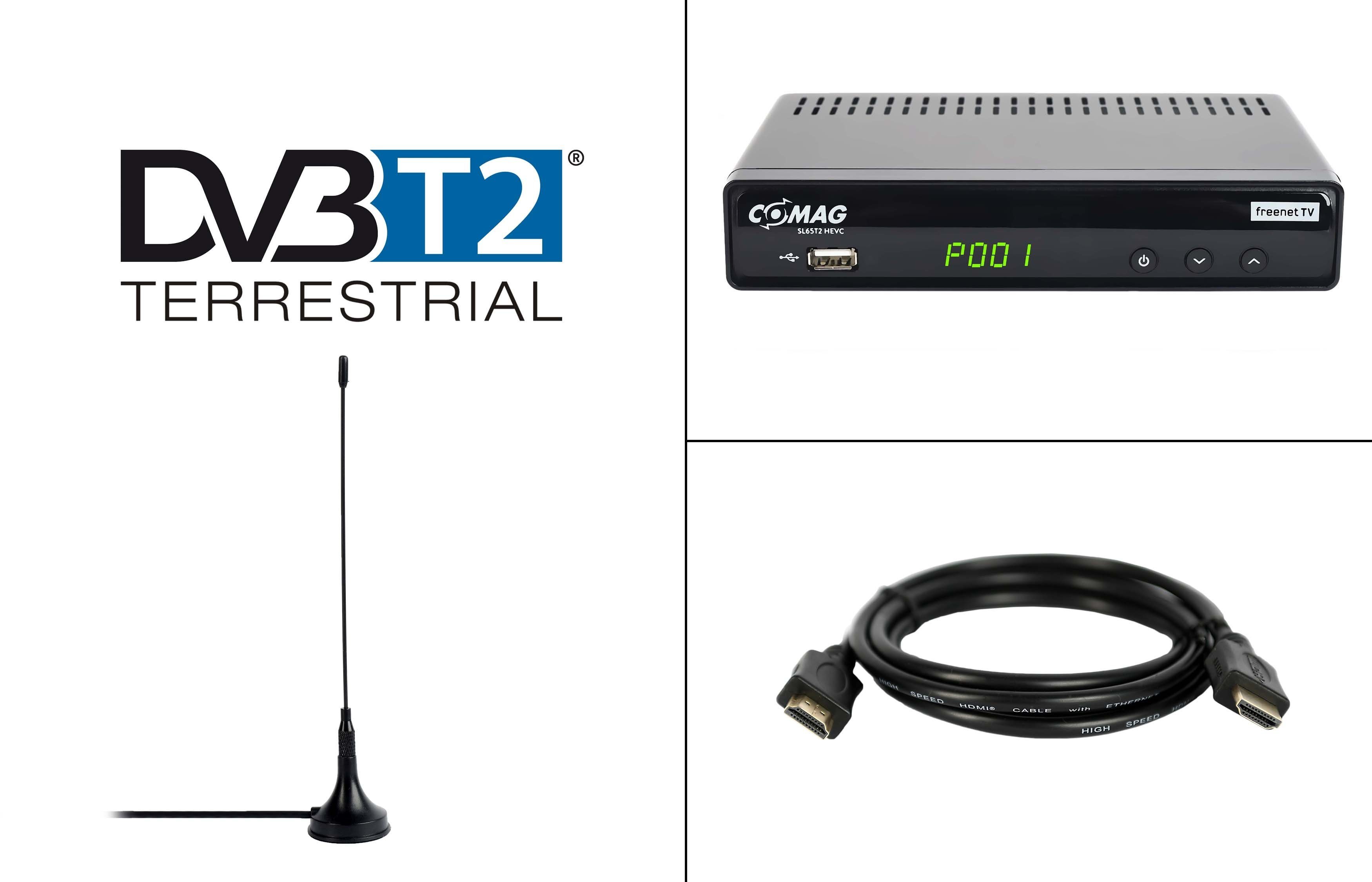 HD freenet SL65T2 Antenne) (2m HDMI Kabel, HD aktive DVB-T2 TV, DVB-T2 Full Comag Receiver