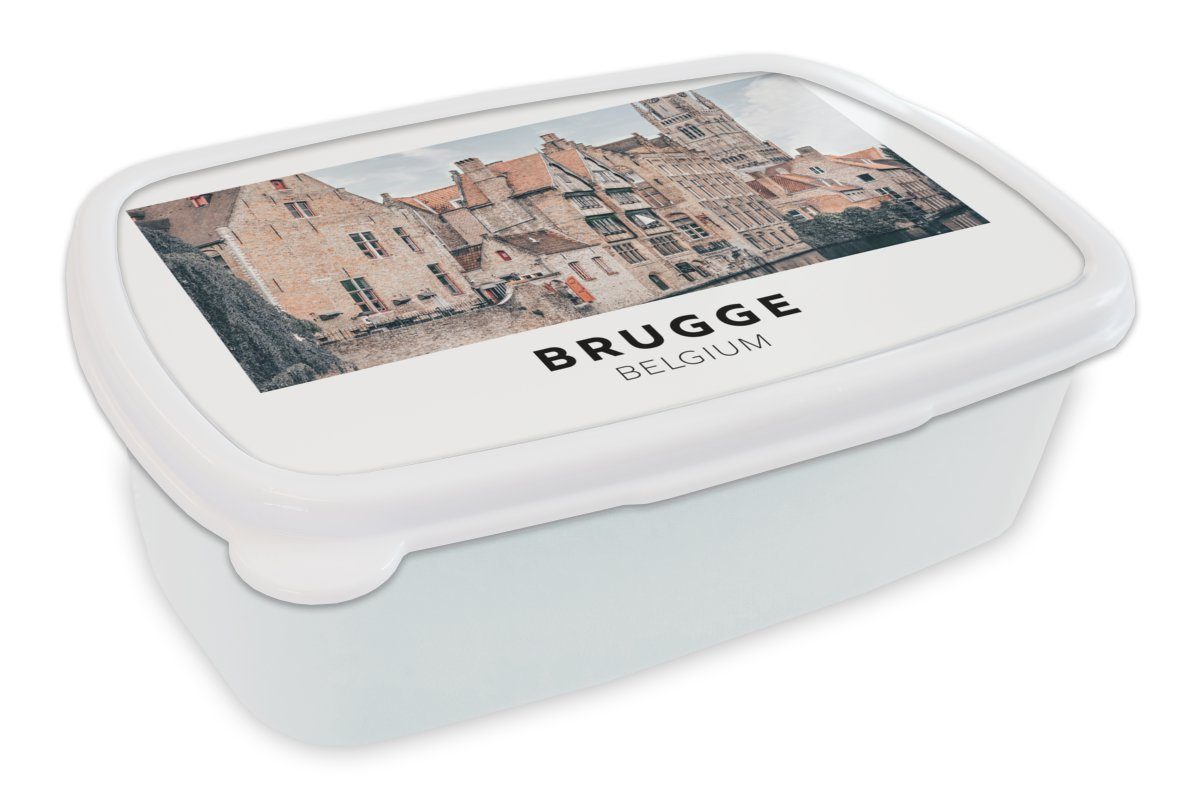 MuchoWow Lunchbox Belgien Brotdose, und (2-tlg), - Brotbox weiß Haus, - Erwachsene, Brügge Kinder Kunststoff, Mädchen für Jungs und für