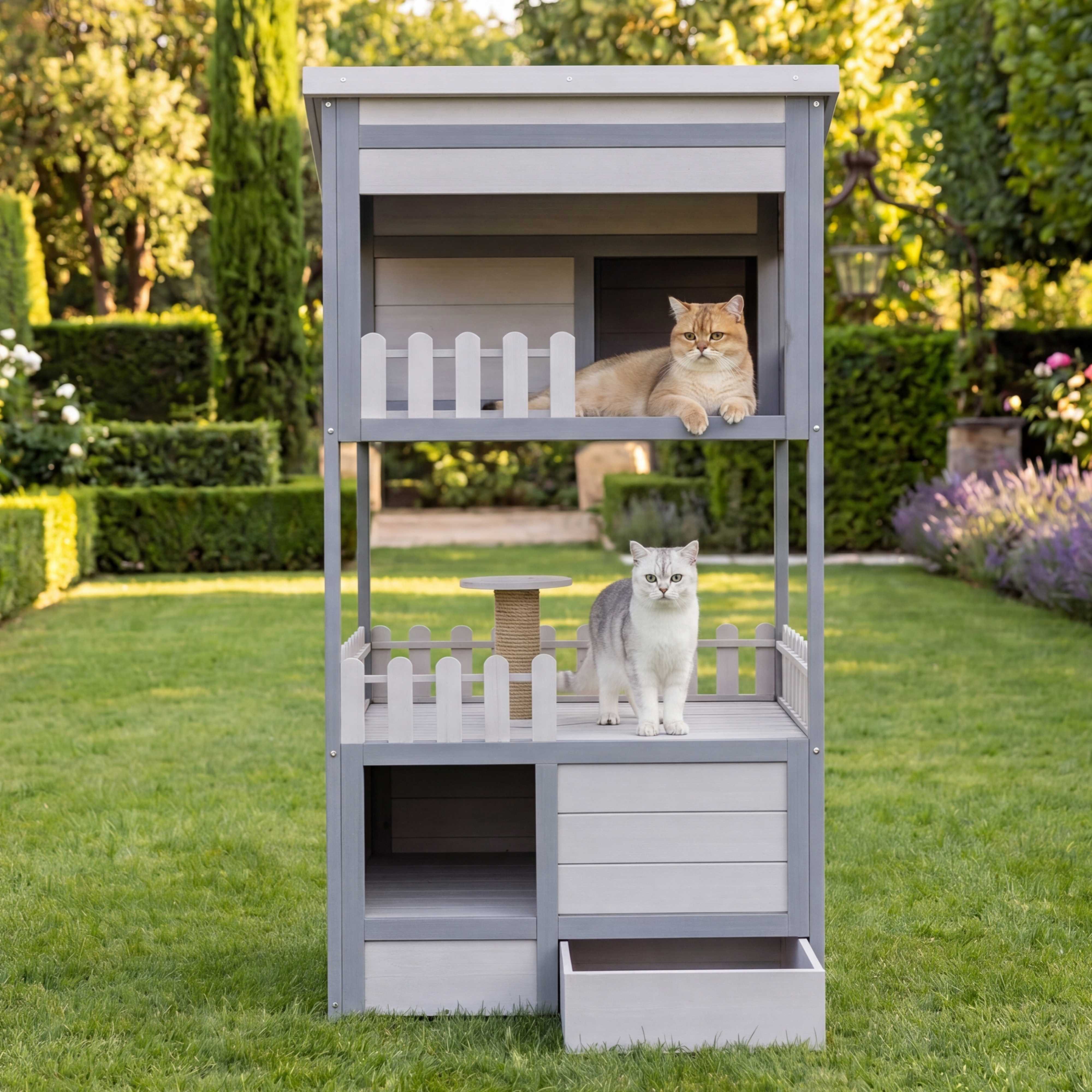 BlingBin Tierhaus Tannenholz Katzenhaus mit 2 Etagen,wetterfestes Outdoor Katzenheim, mit verzinkter Katzenstreuschublade,Massivholz,68x64x124cm