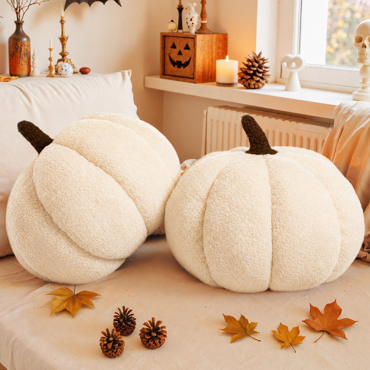 JASLIFE Dekofigur Kürbis2er-Set (2 St), Teddyplüsch-Optik, ideal als herbst deko und halloween deko – Bild 2 von 5