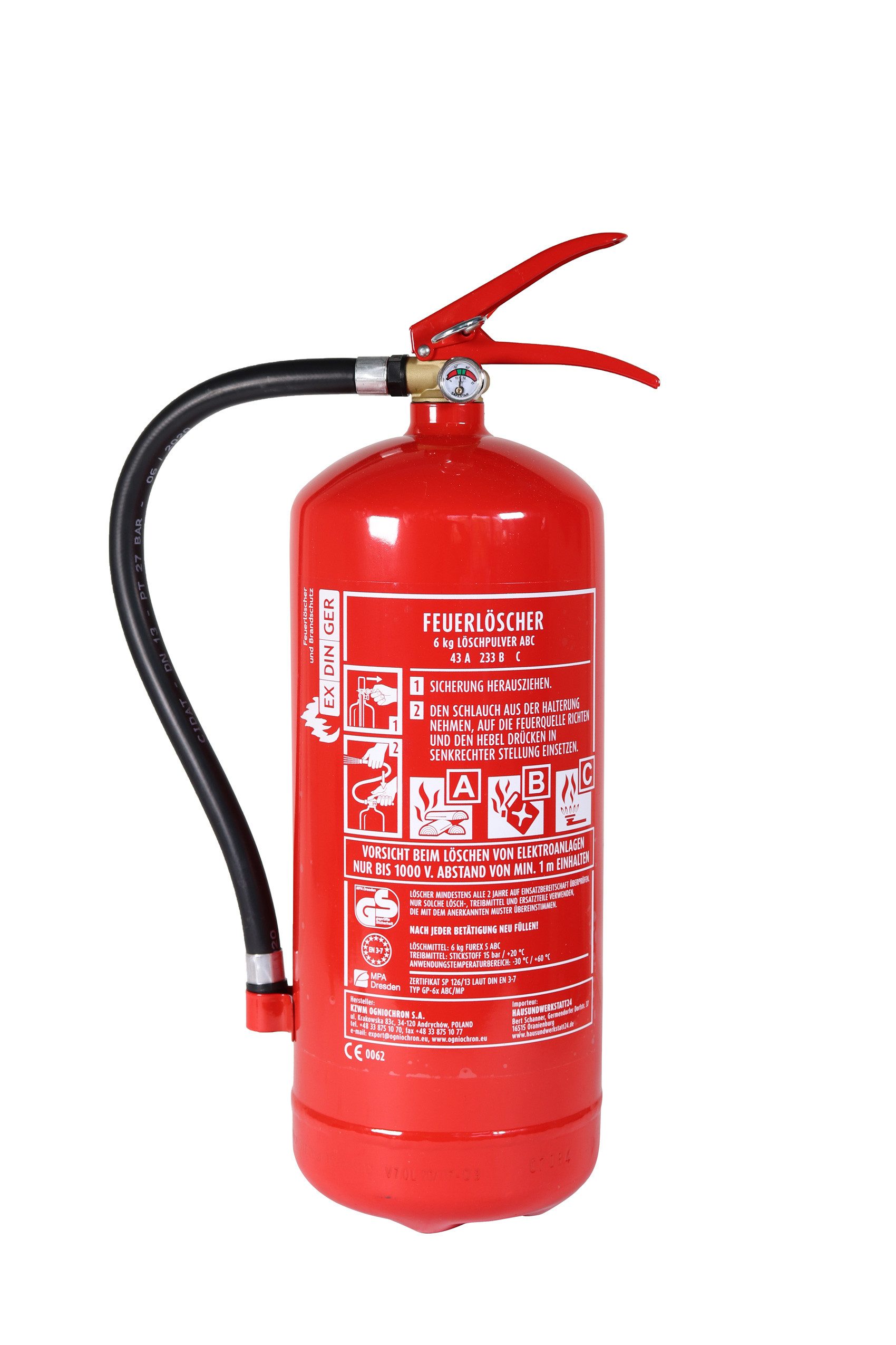 EXDINGER Pulver-Feuerlöscher Feuerlöscher Pulver GP-6x ABC mit Halterung frostsicher 27A 144B C, Dauerdruck, ABC Pulver, (1-St) Dauerdrucklöscher